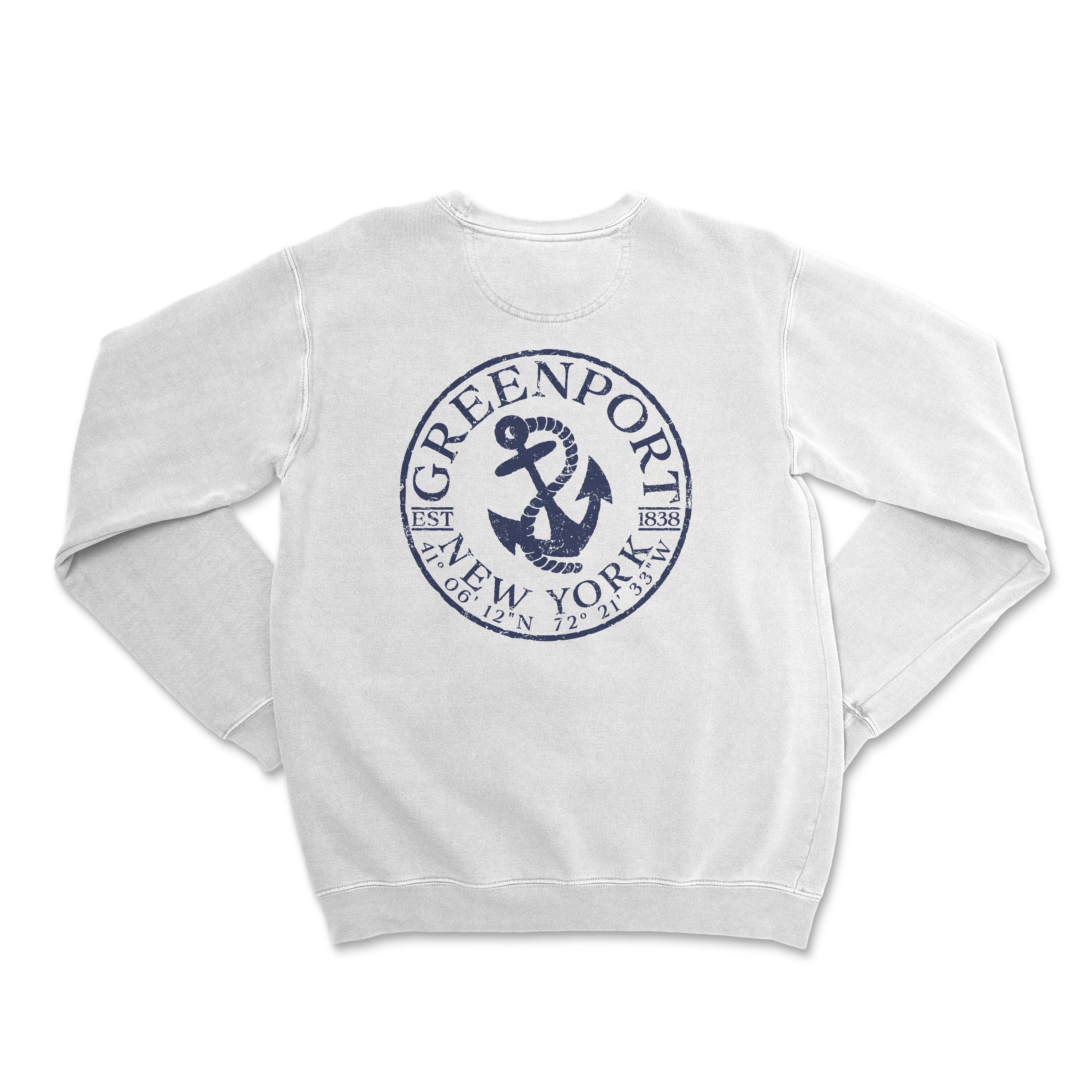 a white crew neck sweatshirt with an anchor on the front