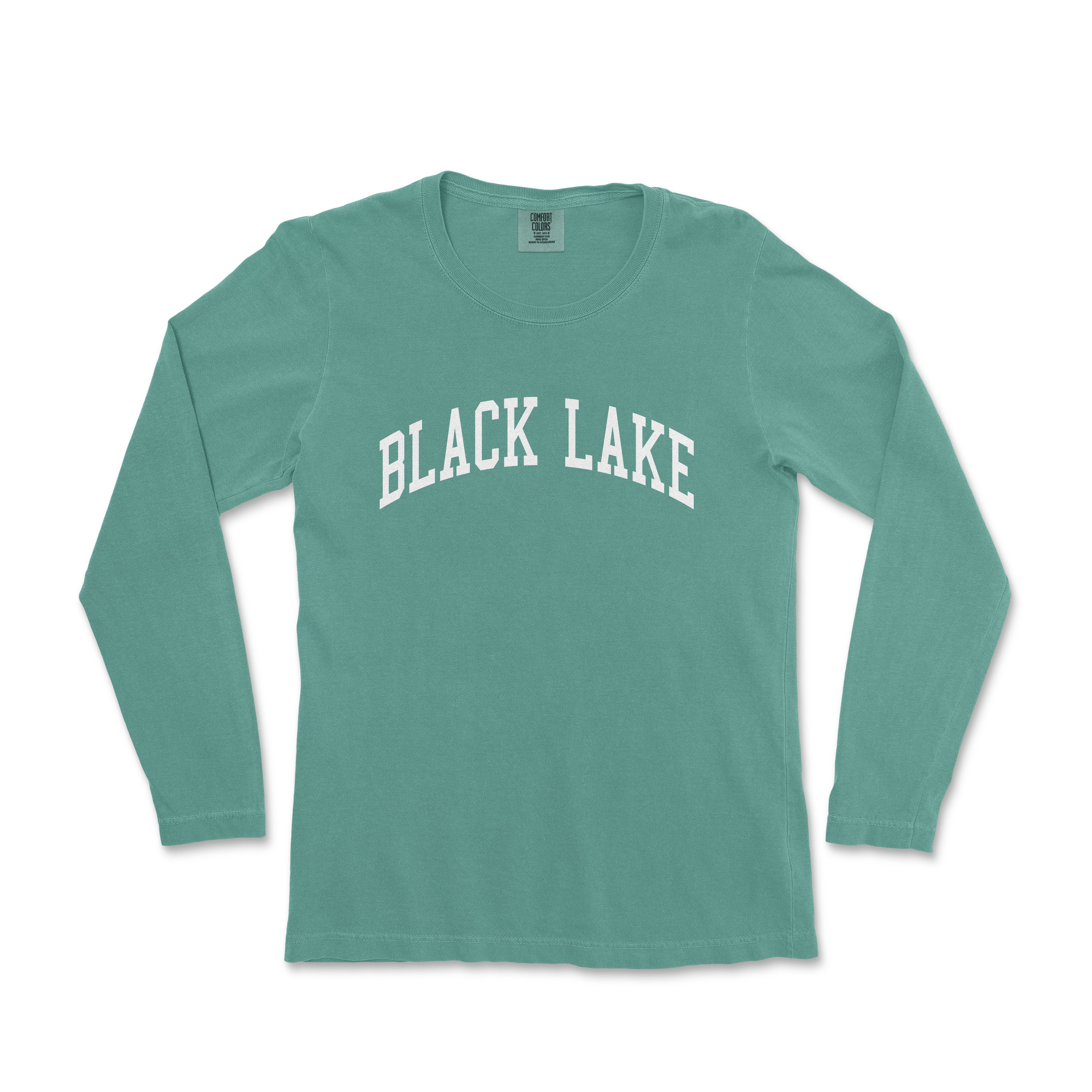 a women's long sleeve shirt with the word black lake on it