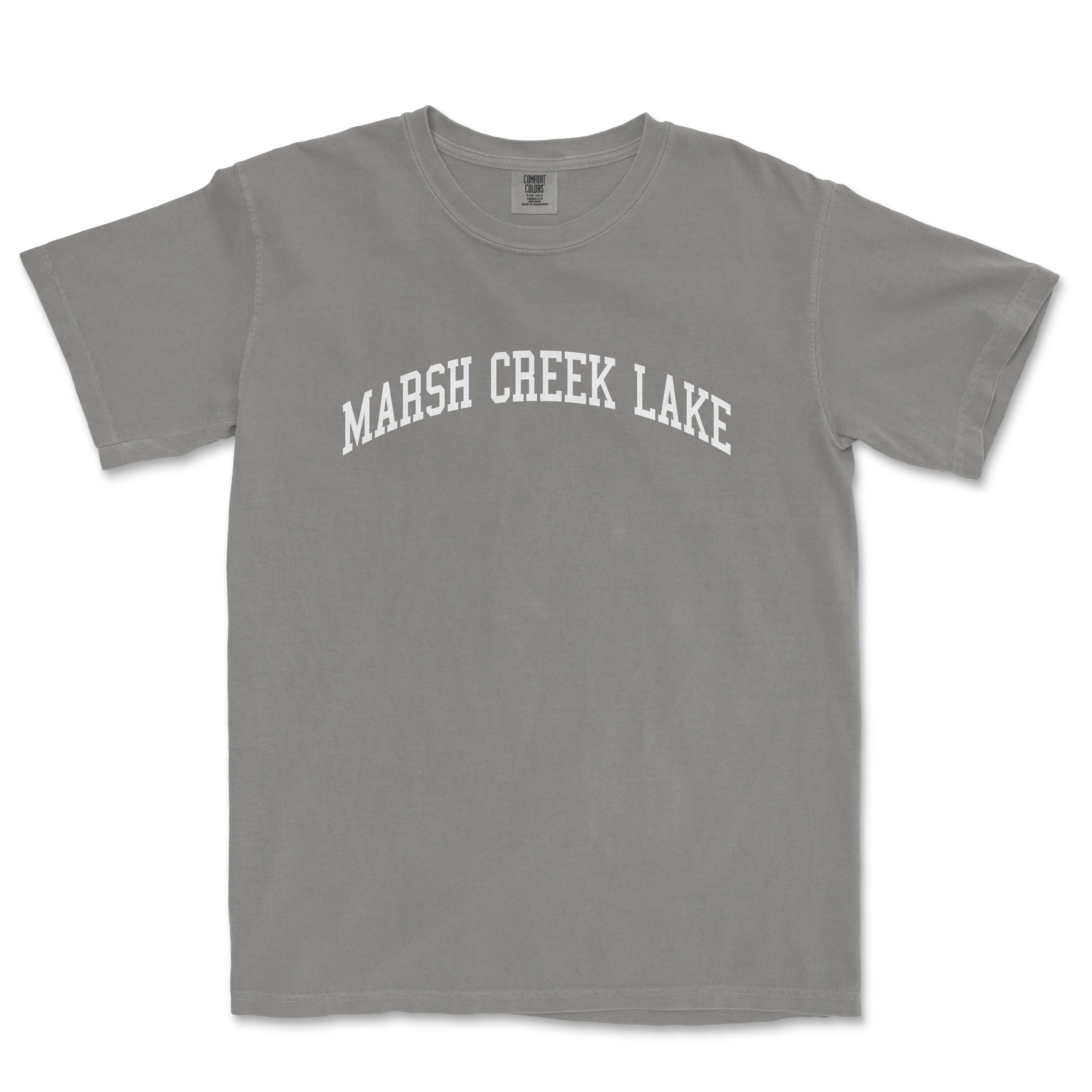 a gray shirt that says marsh creek lake