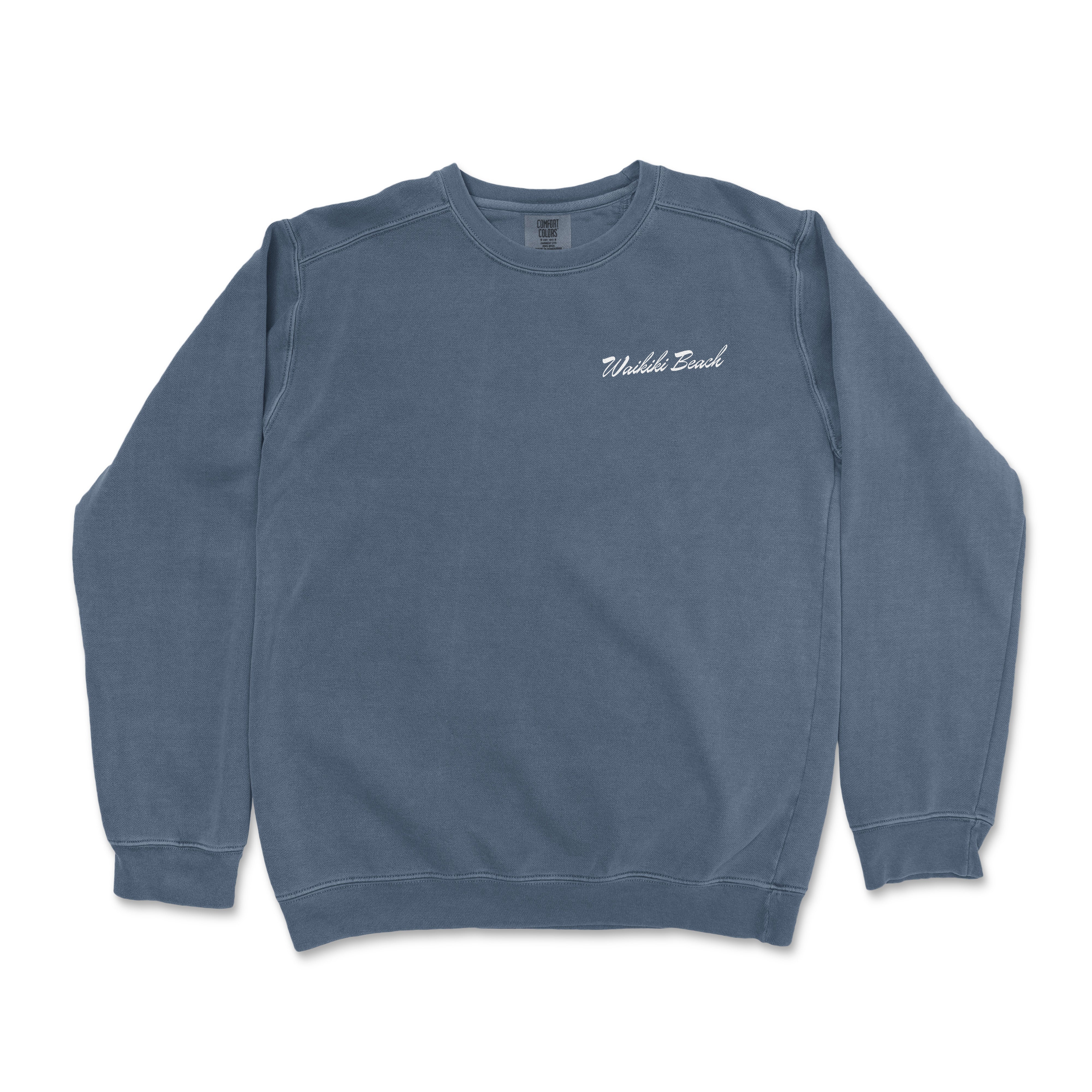 a blue sweatshirt with a white embroidered logo