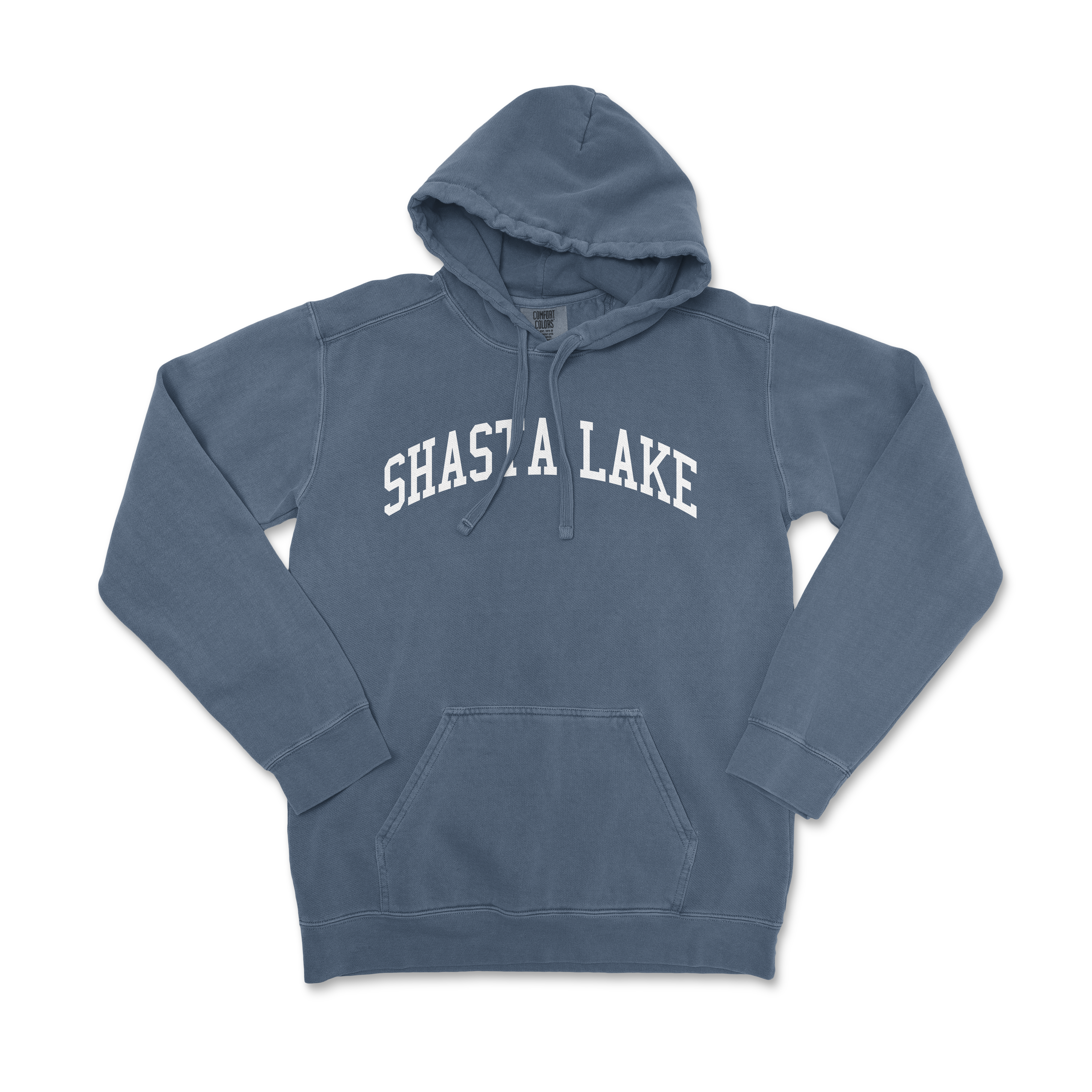 a blue sweatshirt with the words shasta lake on it