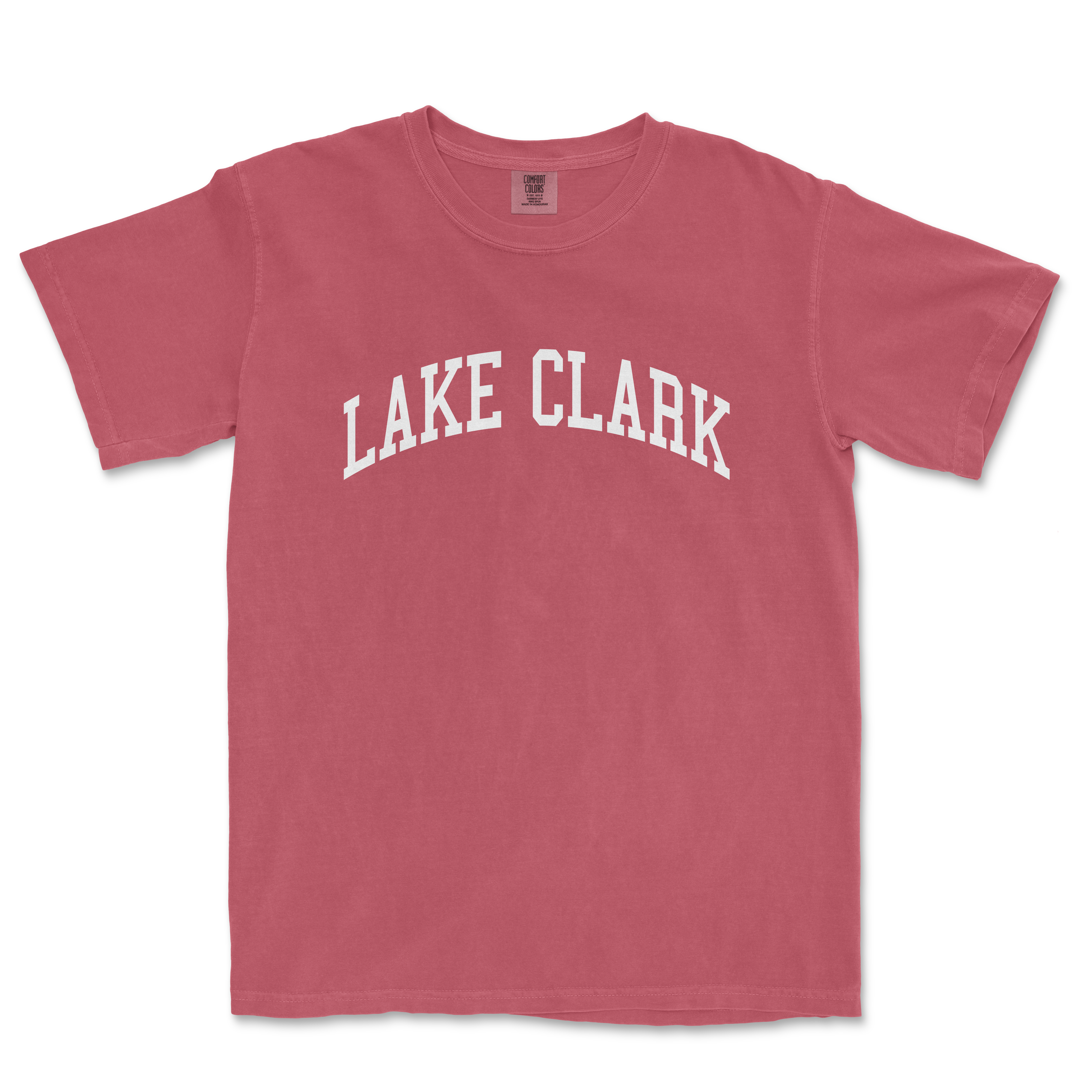 a red shirt with the word lake clark on it