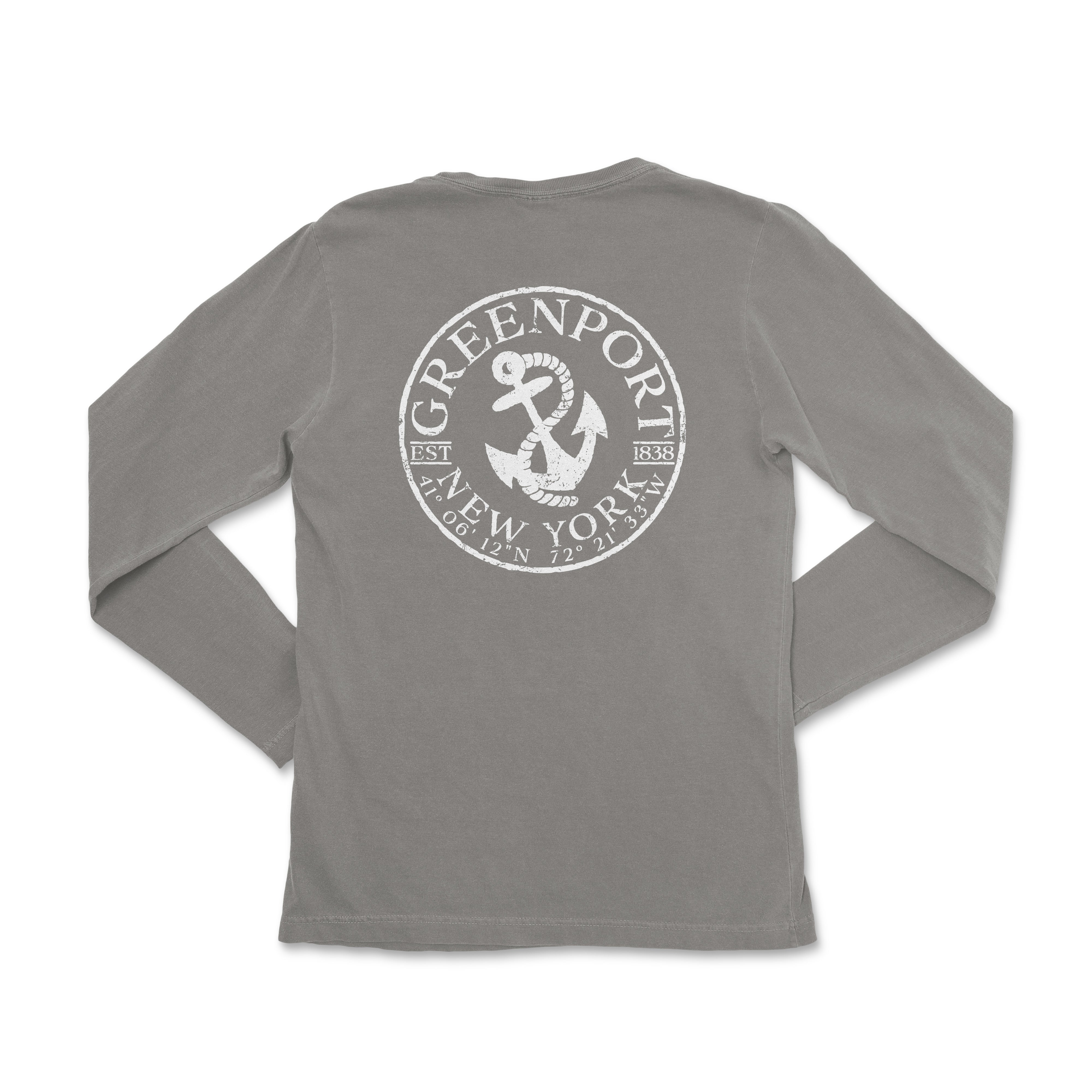 a gray long sleeve shirt with a white anchor on the front