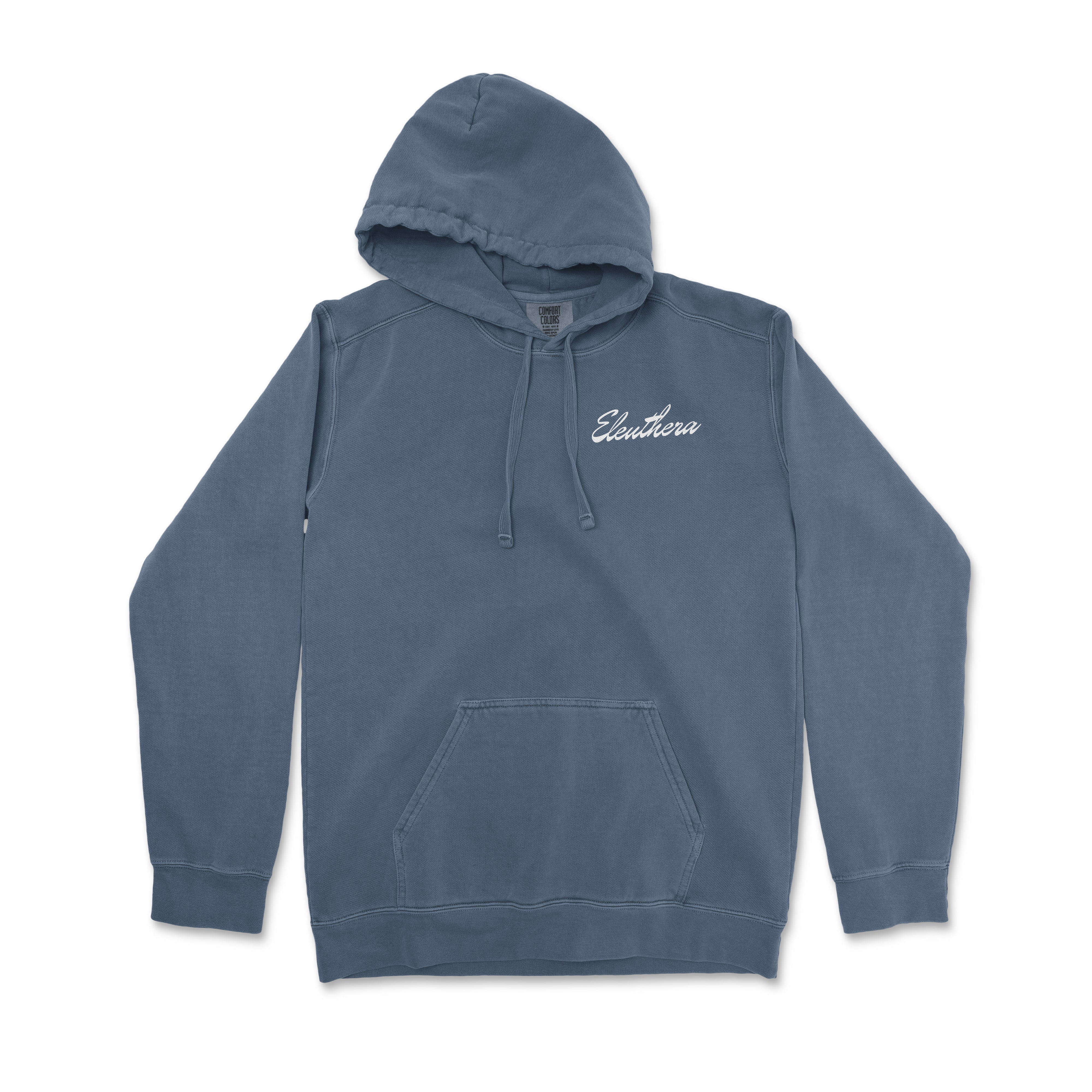 a blue hoodie with a white embroidered logo