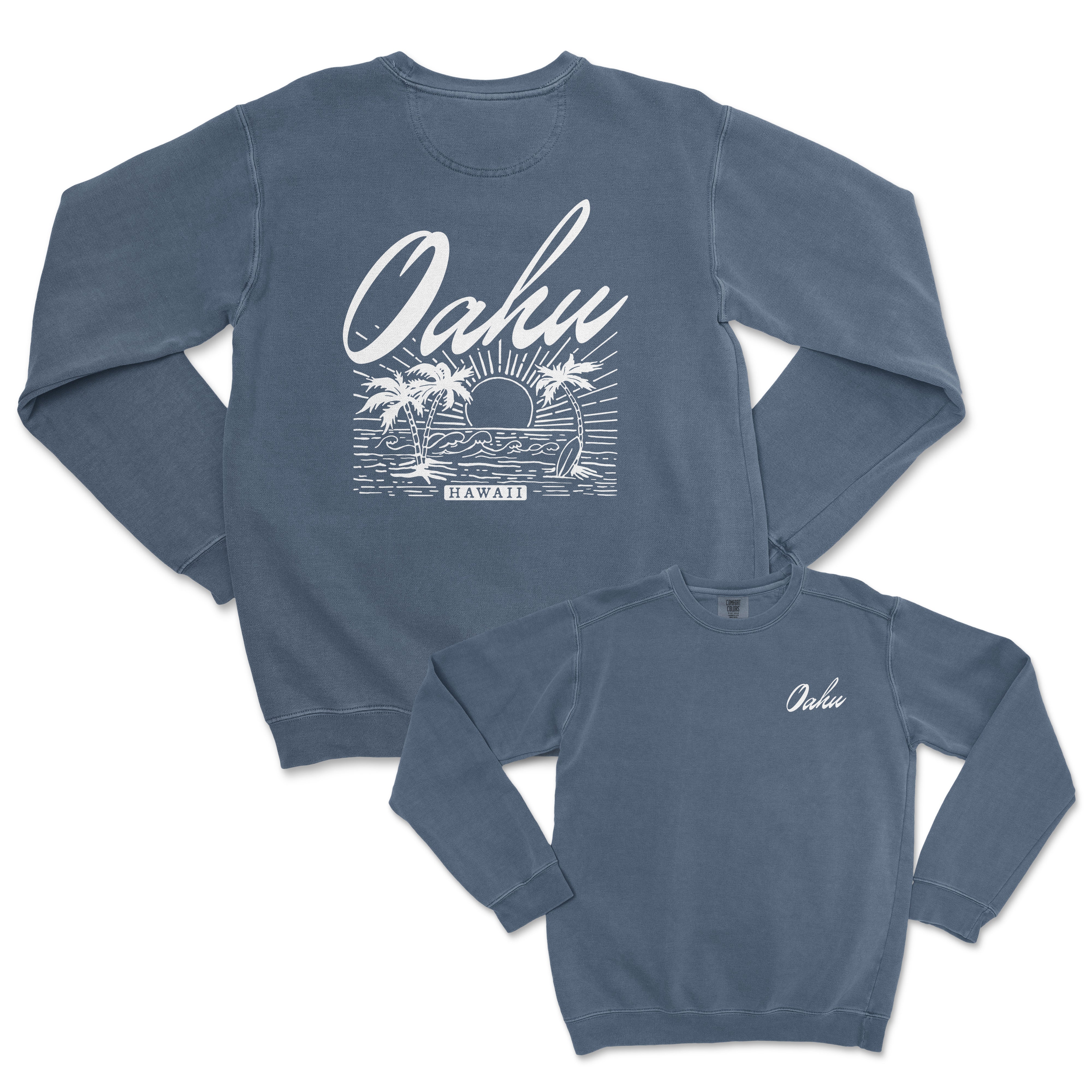 the back of a blue sweatshirt with the words oahuu on it