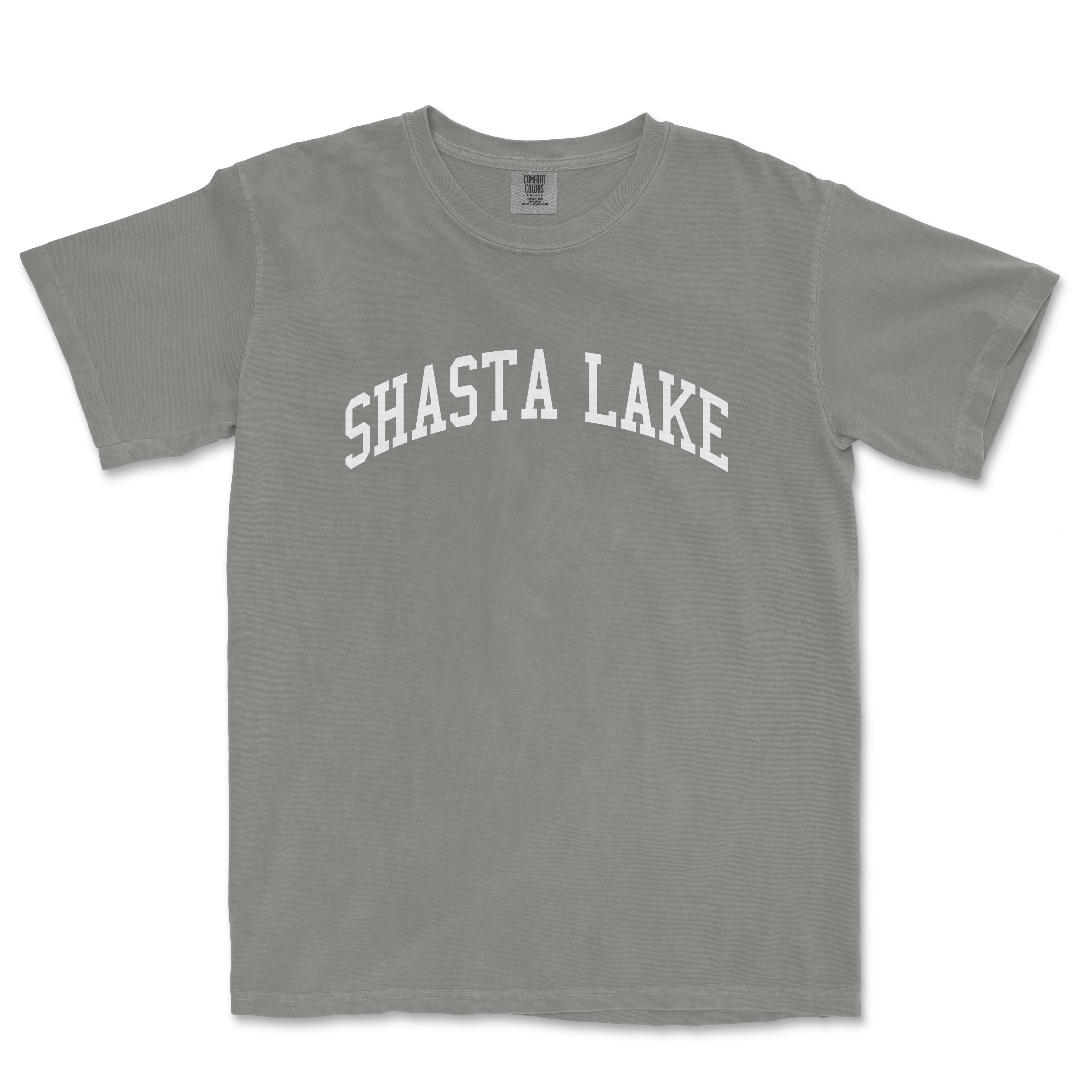 a gray shirt with the words shasta lake on it