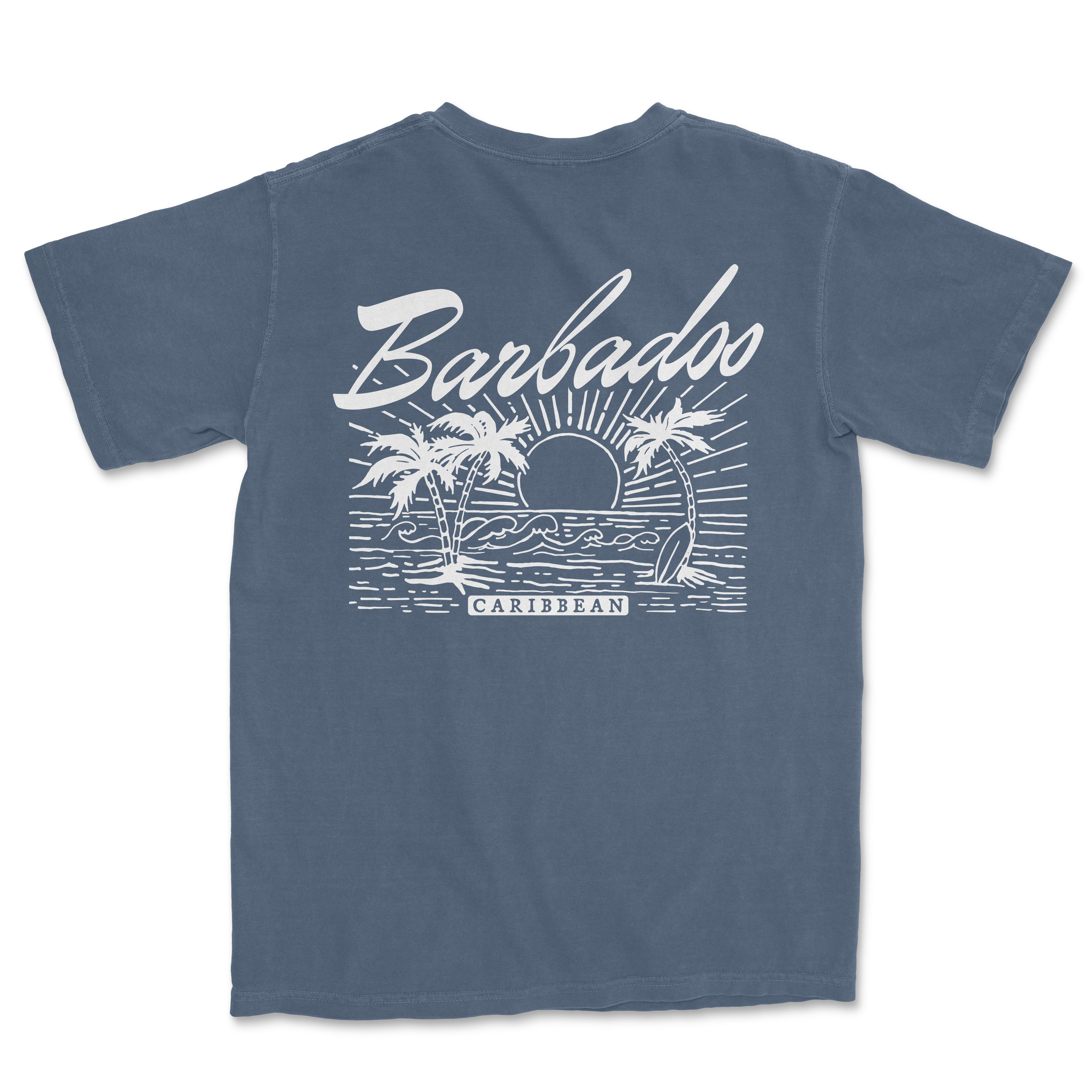 a blue t - shirt with a picture of a beach and palm trees