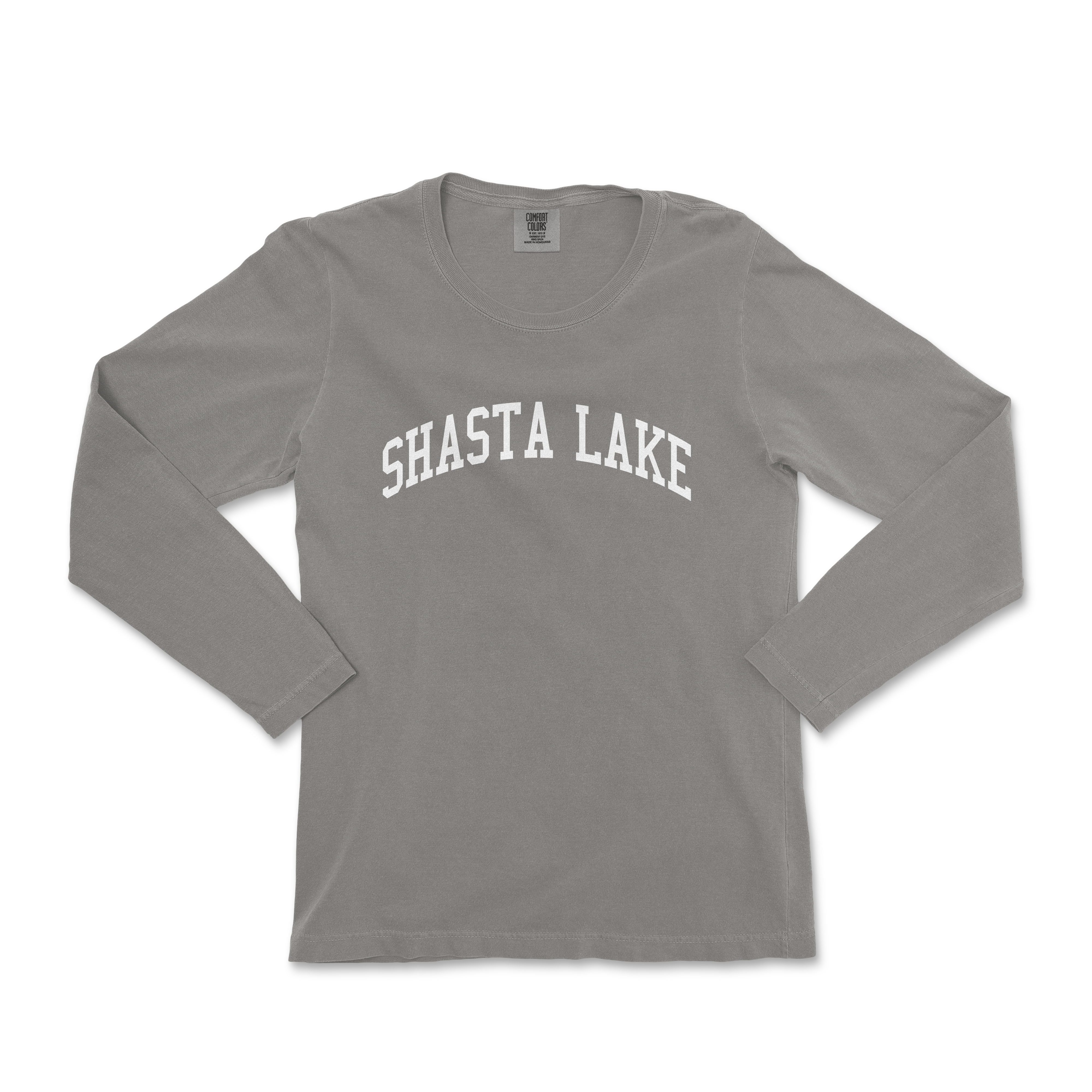 a gray shirt with the words shasta lake on it