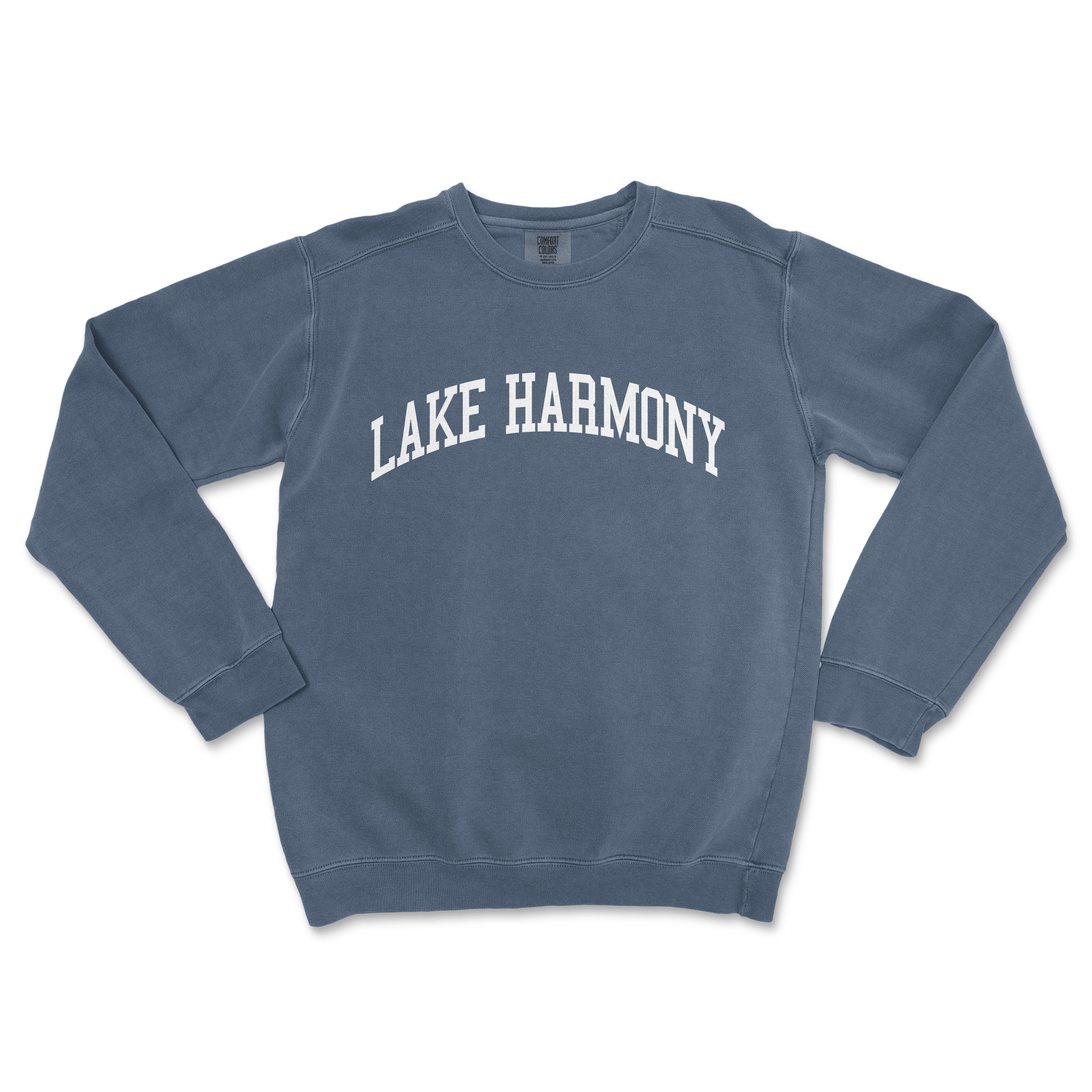 a blue sweatshirt with the words lake harmony on it