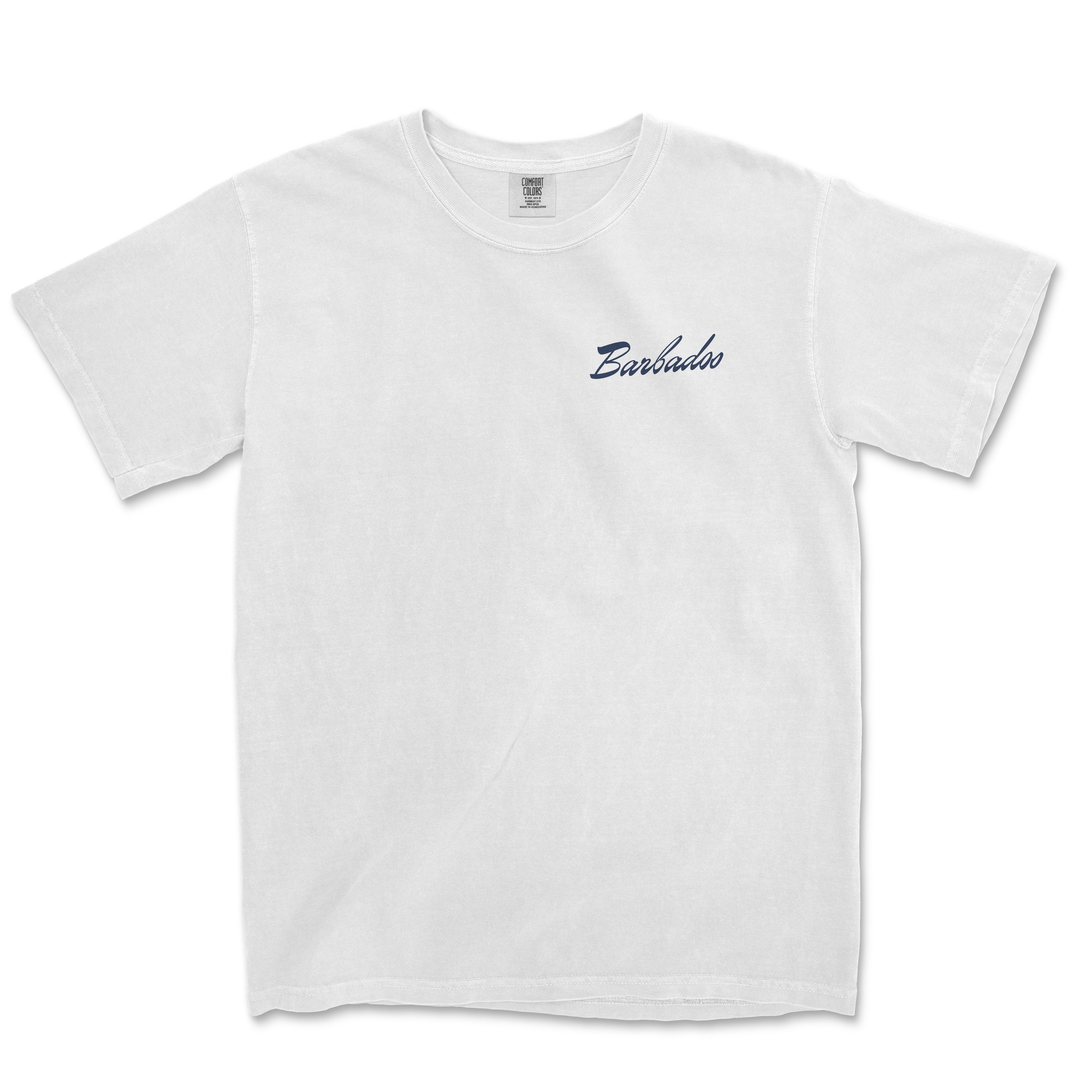 a white t - shirt with a blue embroidered logo