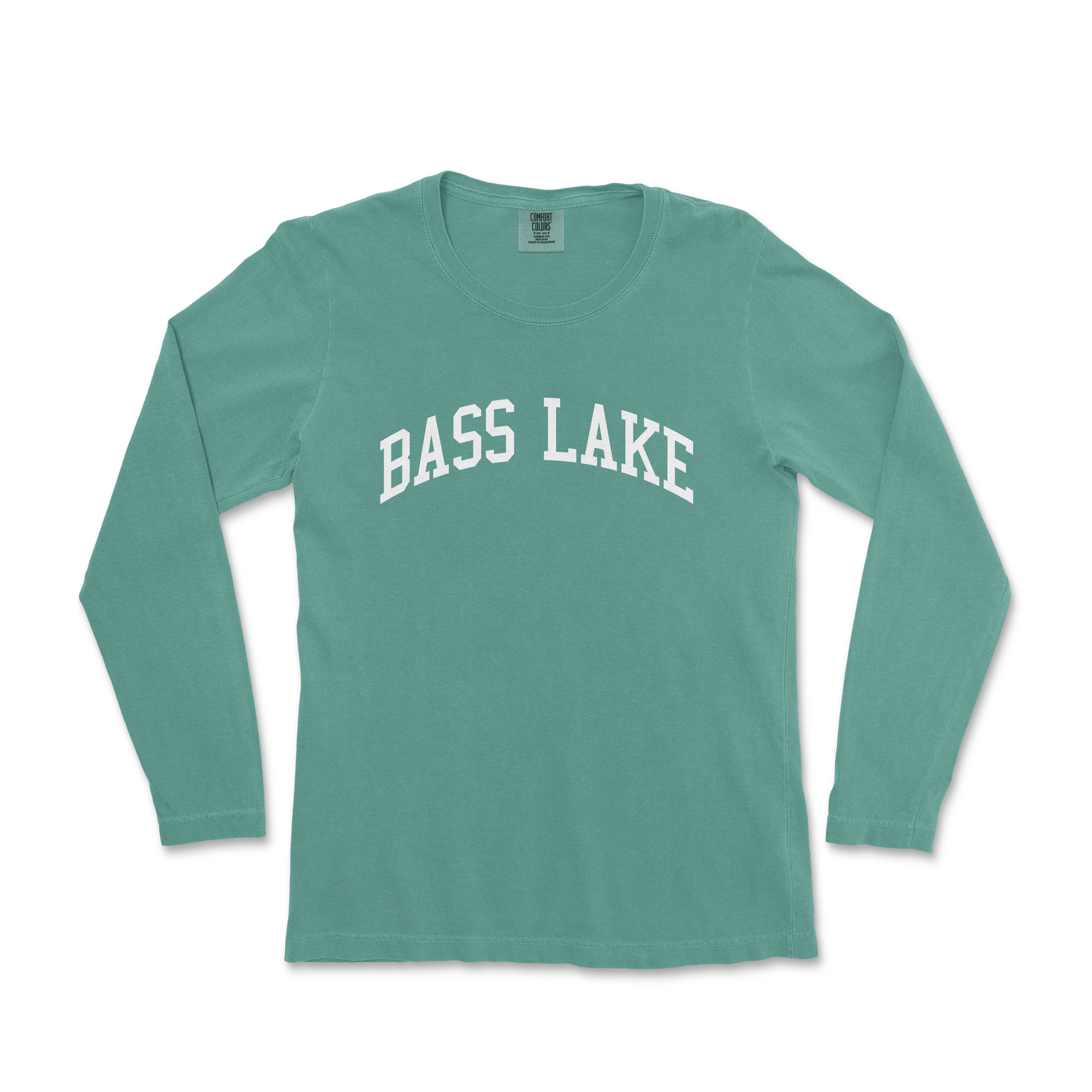 a green long sleeve shirt that says bass lake