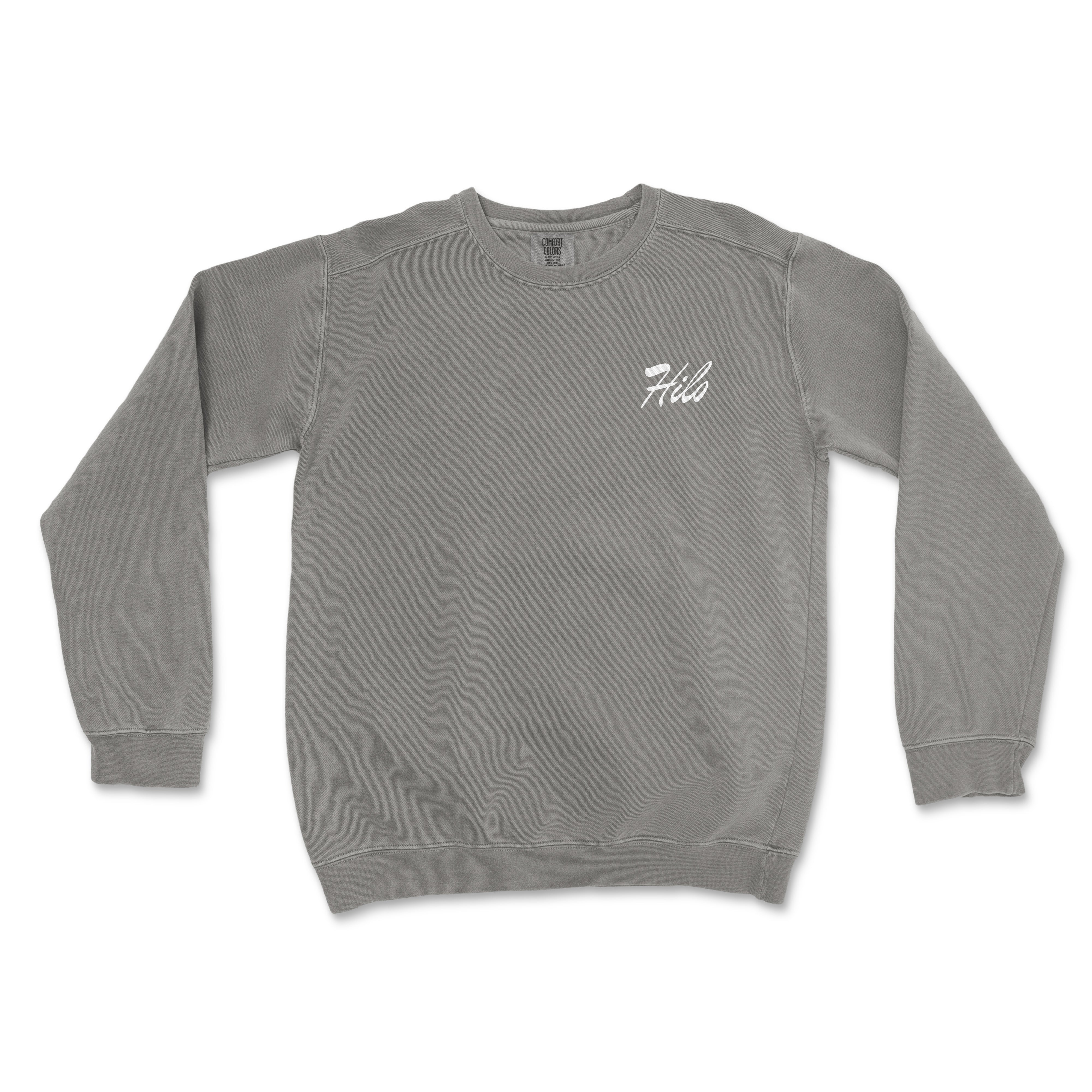 a grey sweatshirt with a white logo on it