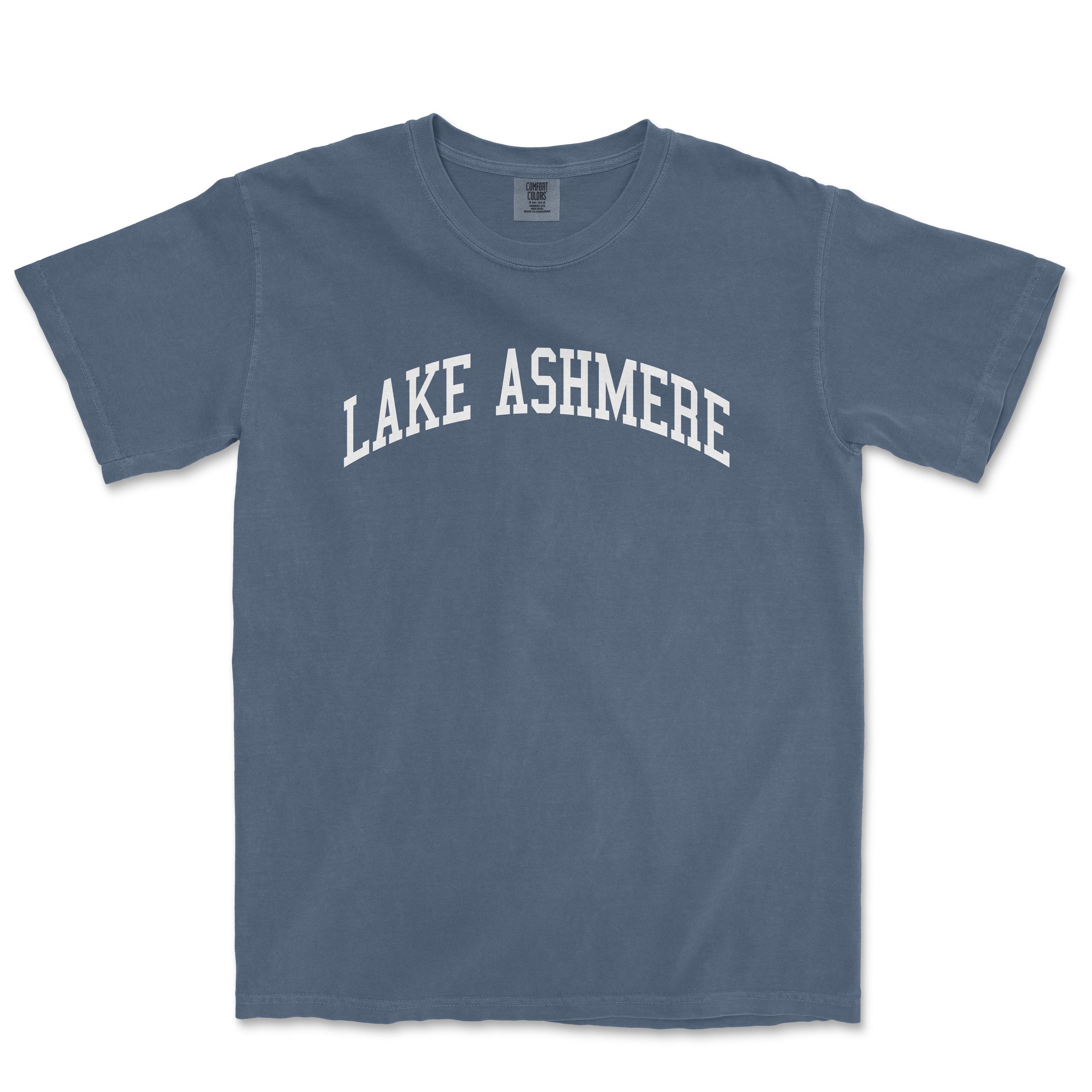 a blue lake asher t - shirt with the word lake asher in white