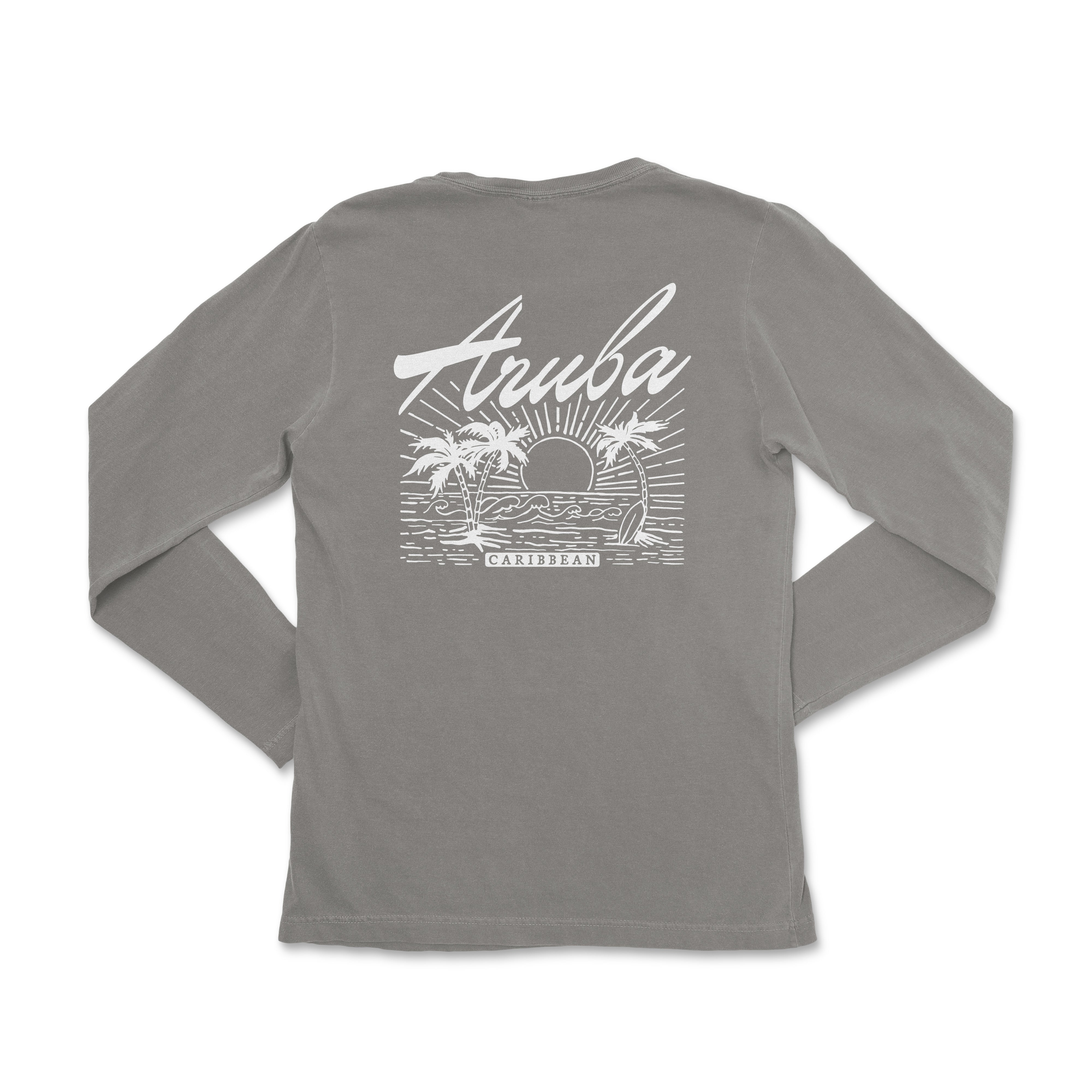 the back of a gray long sleeve shirt with an image of a boat and palm