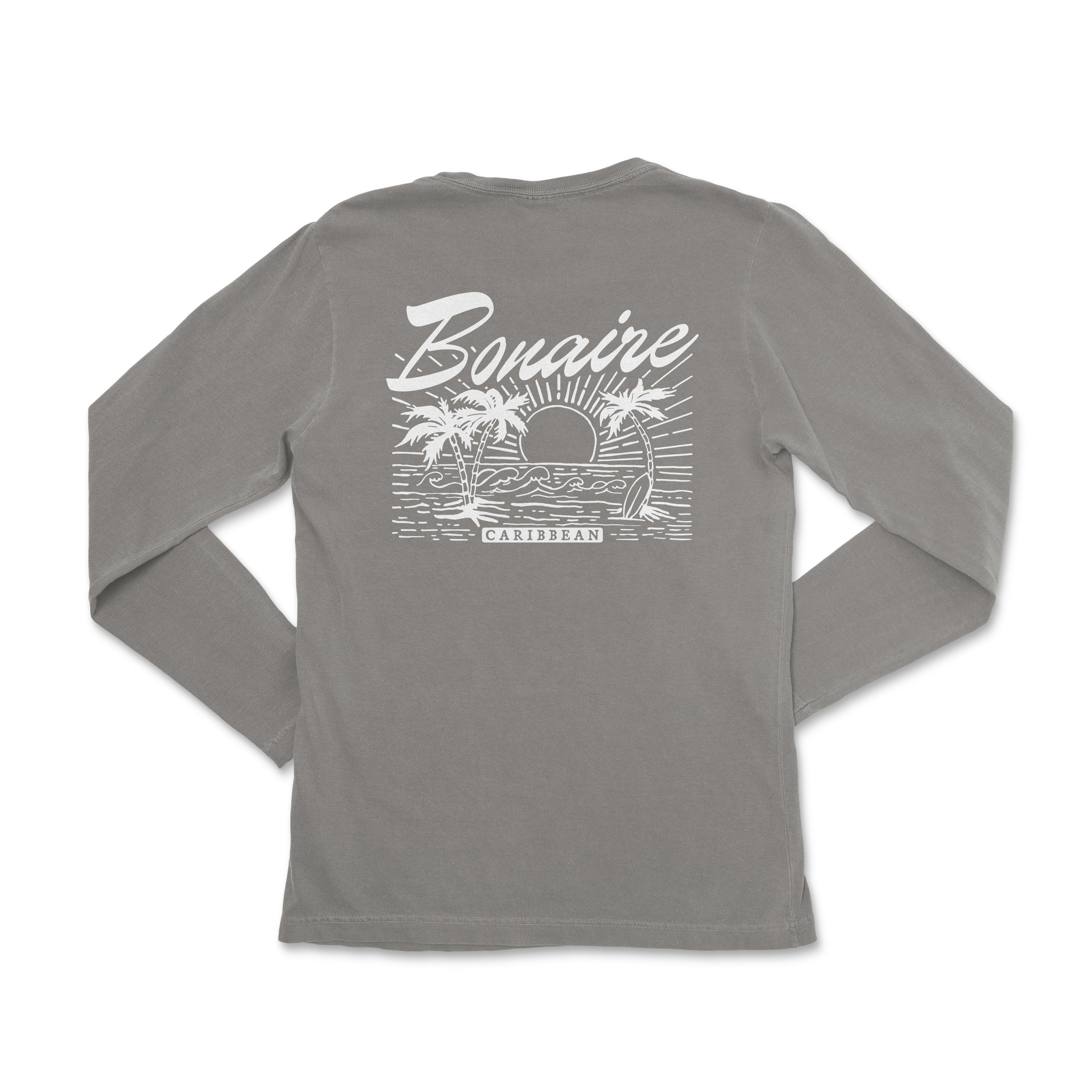 the back of a gray long - sleeved shirt with the words bonsaie