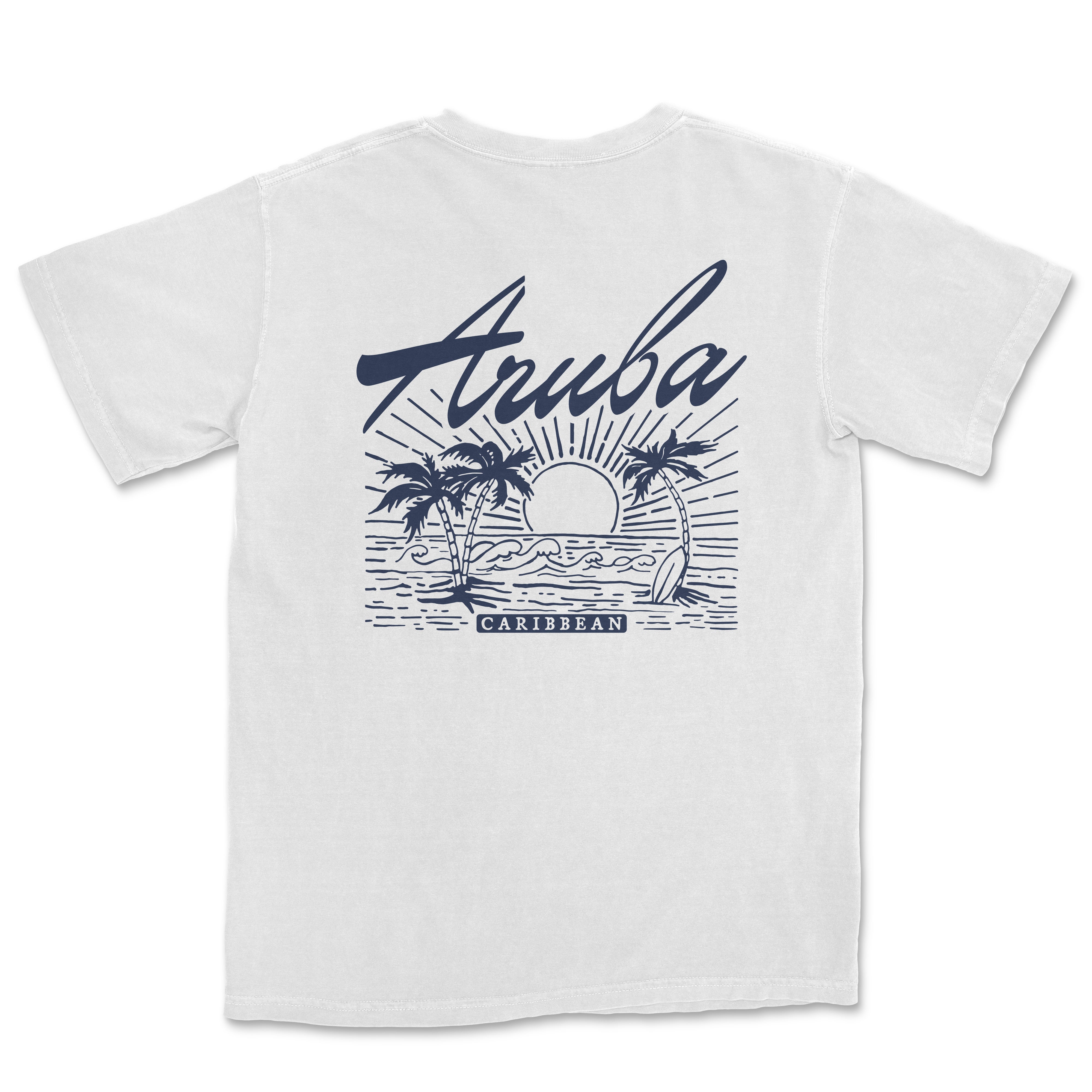 a white t - shirt with an image of a sunset and palm trees