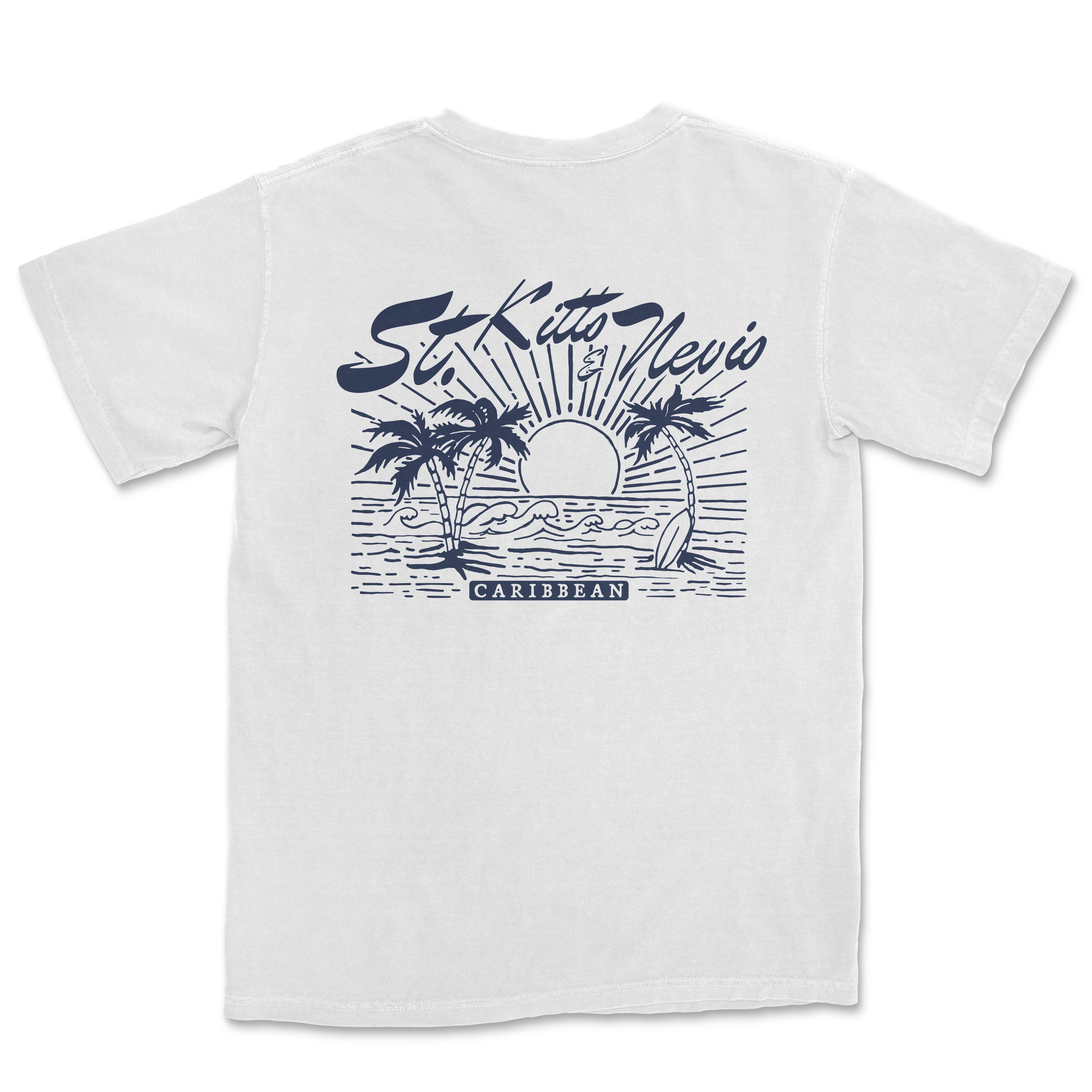 a white t - shirt with an image of a sunset and palm trees