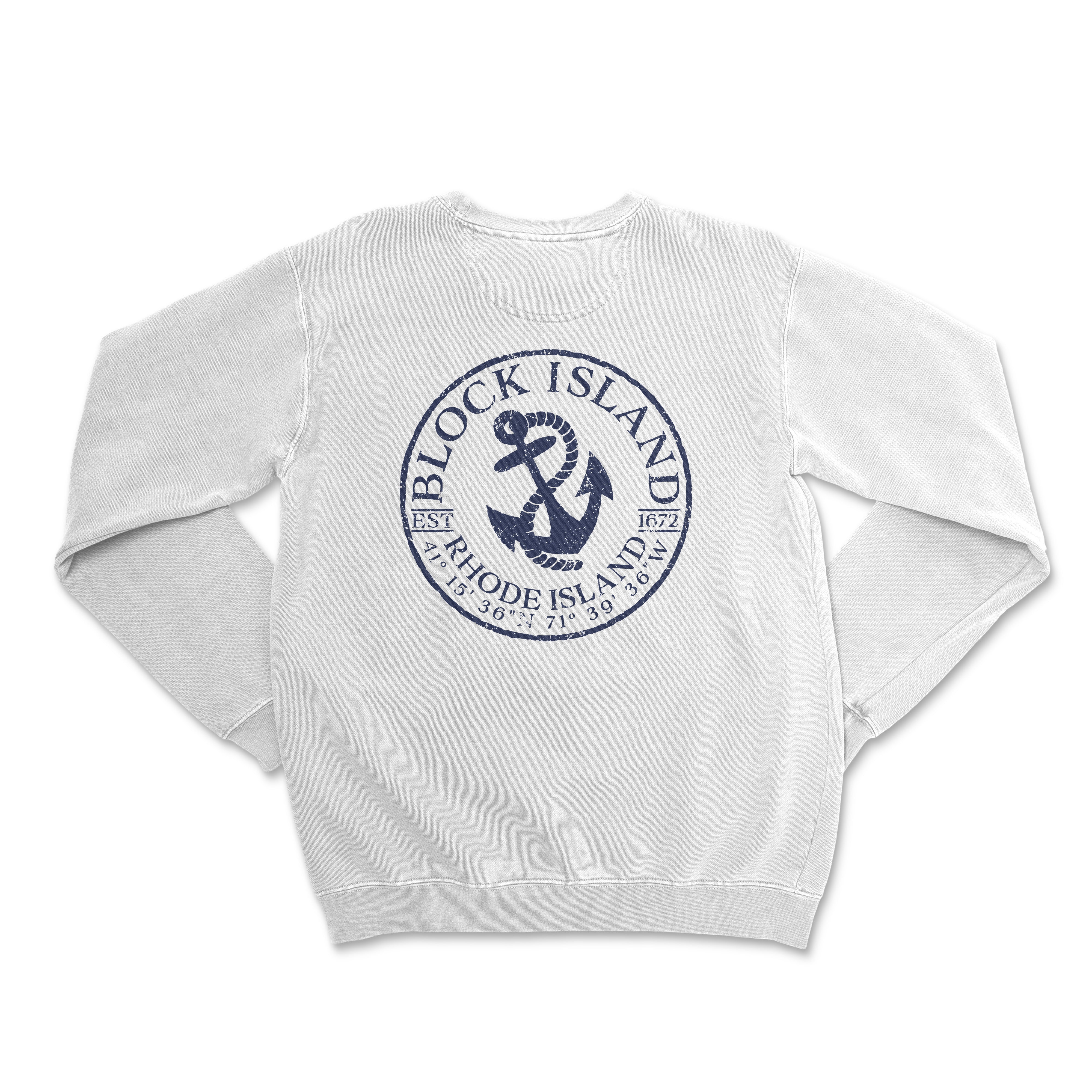 a white sweatshirt with a blue anchor on it