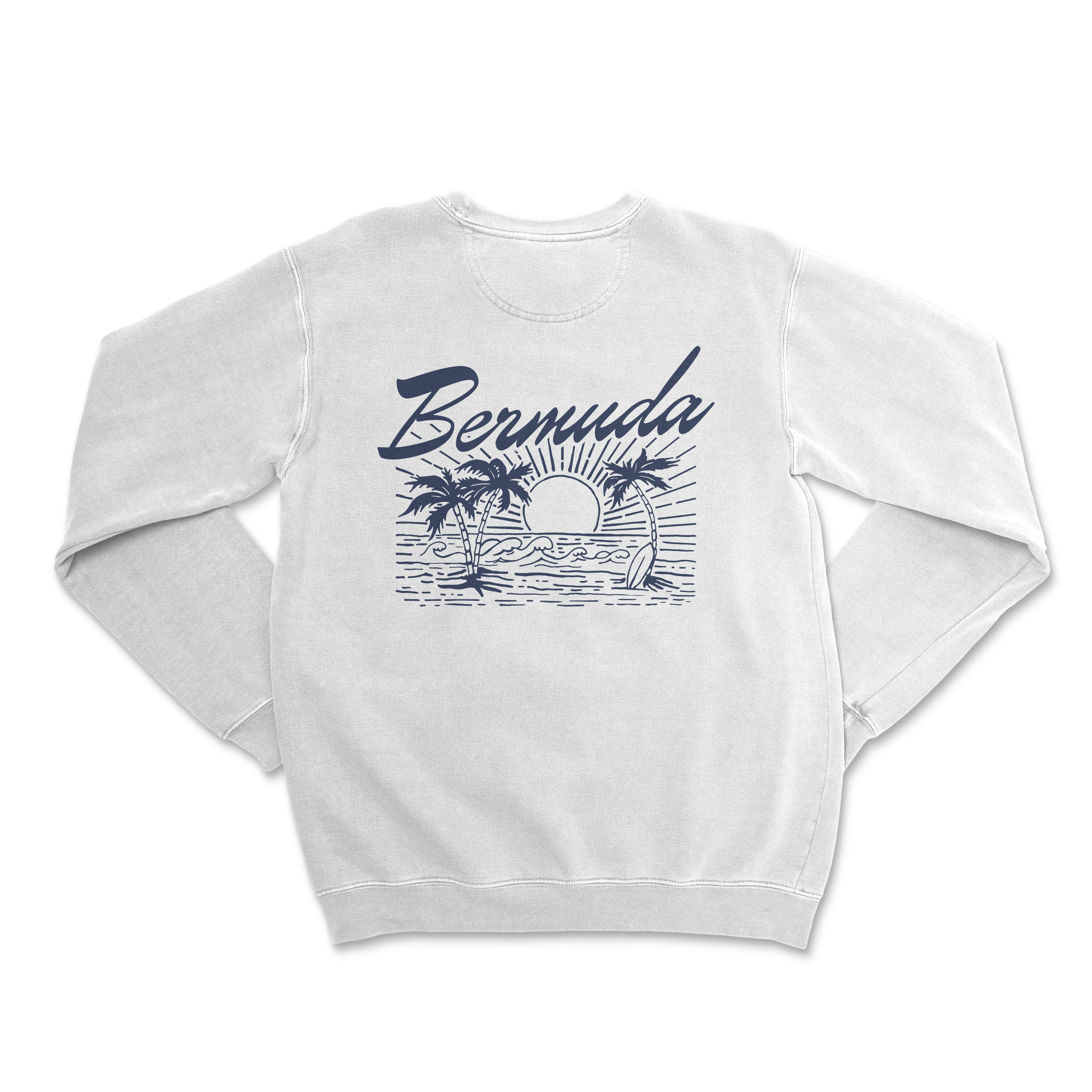 the back of a white sweatshirt with the words bennuda on it