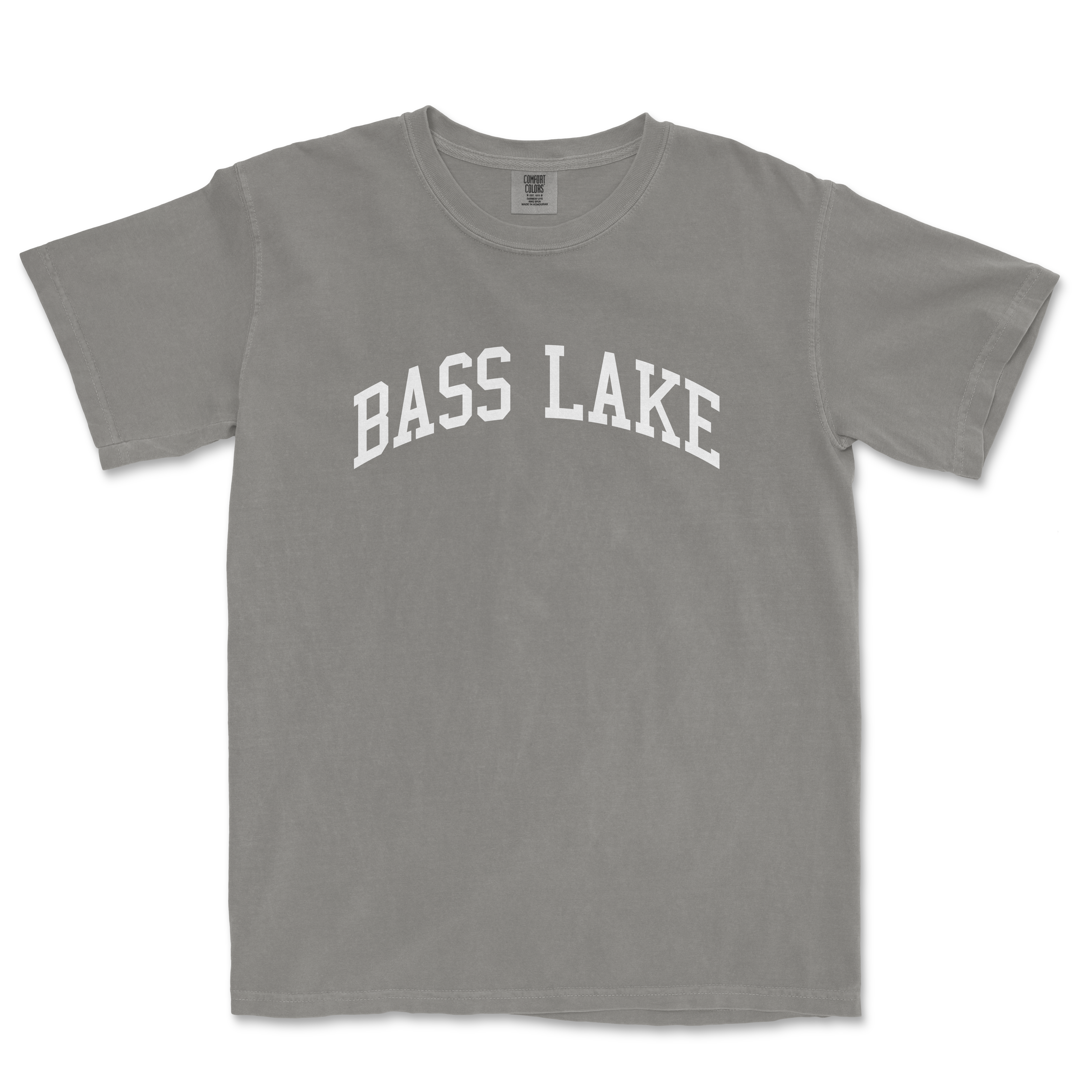 a gray t - shirt that says bass lake