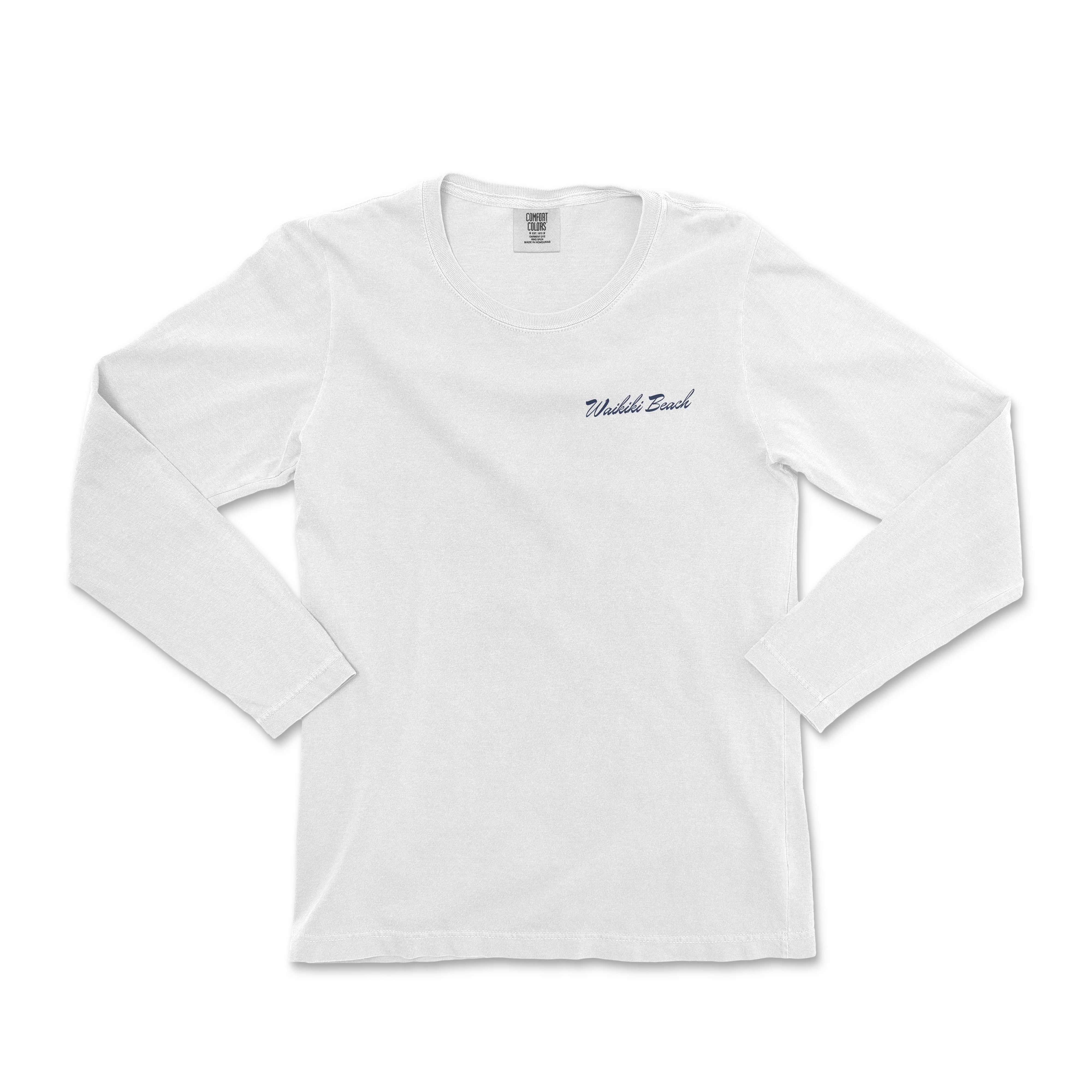 a white long sleeve shirt with a blue embroidered logo