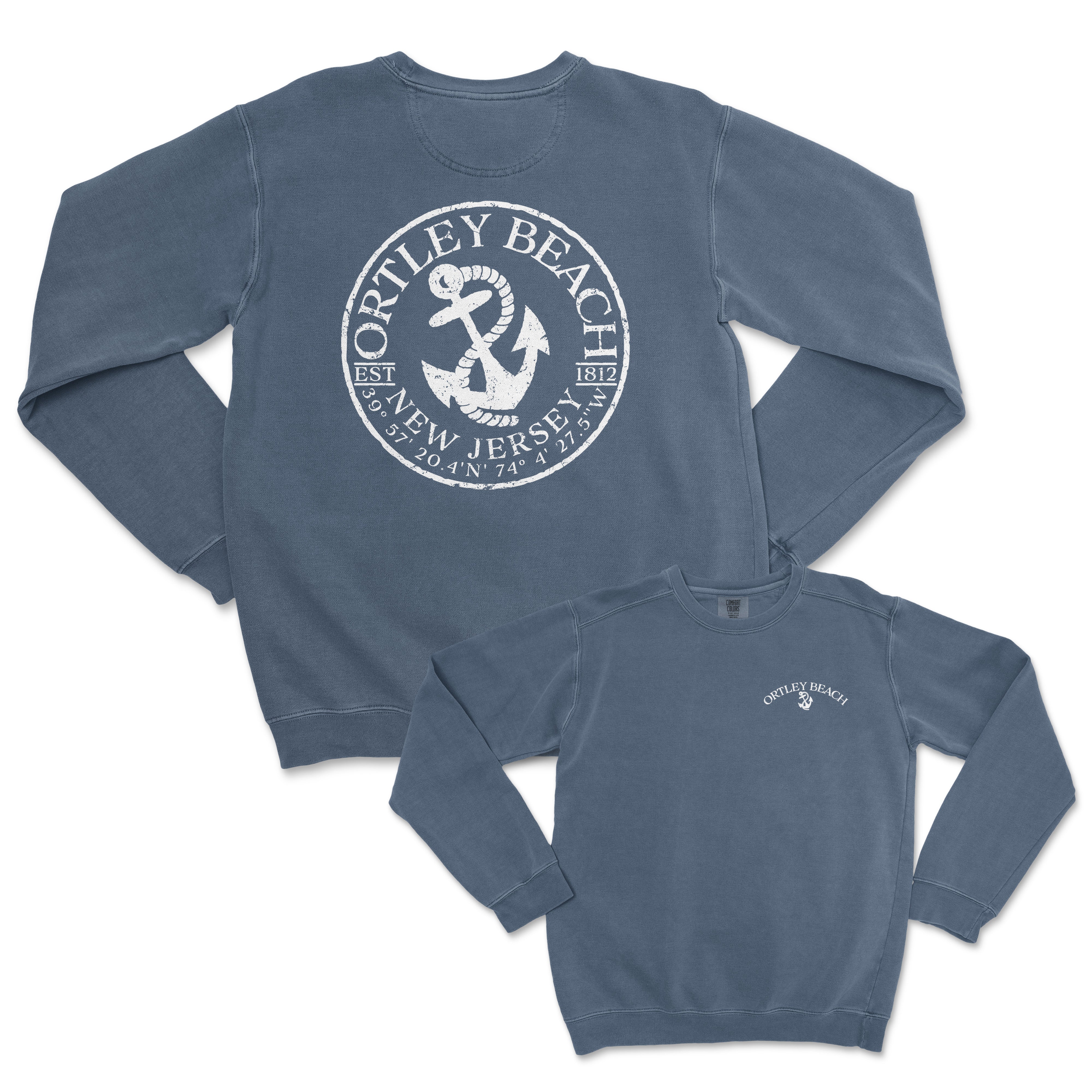 a blue sweatshirt with an anchor on the front and an anchor on the back