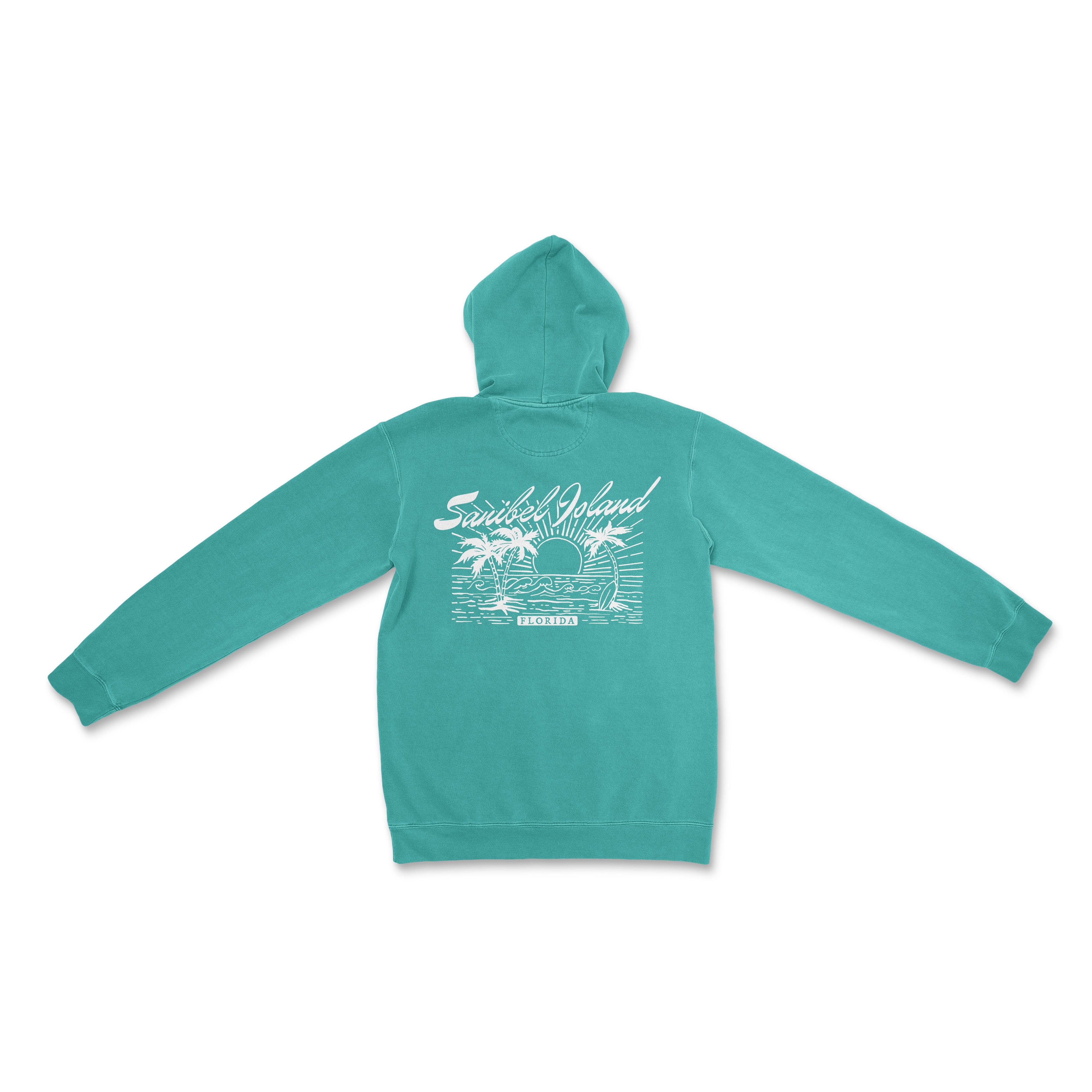 a turquoise sweatshirt with a palm tree on it