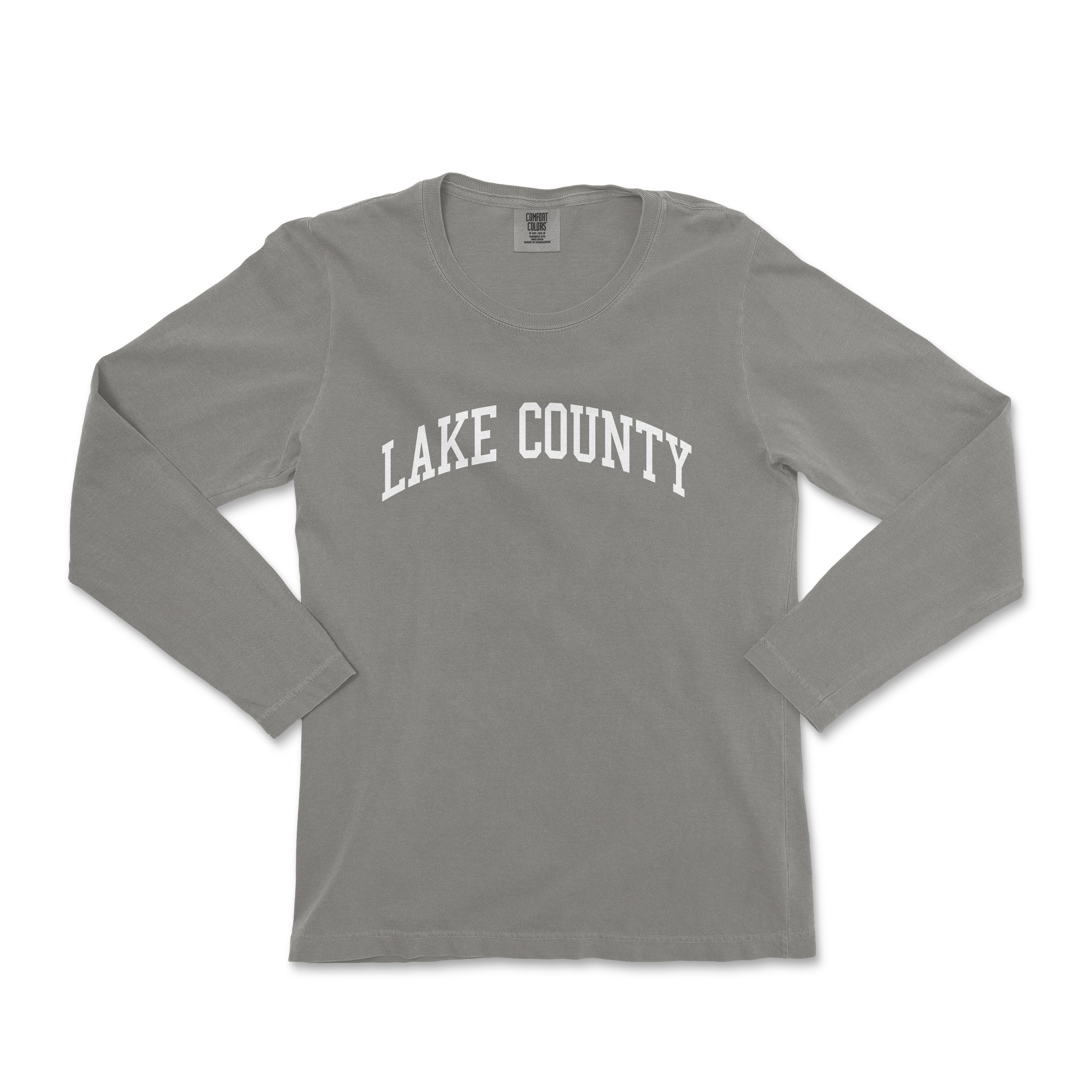 a gray lake county shirt with the words lake county on it