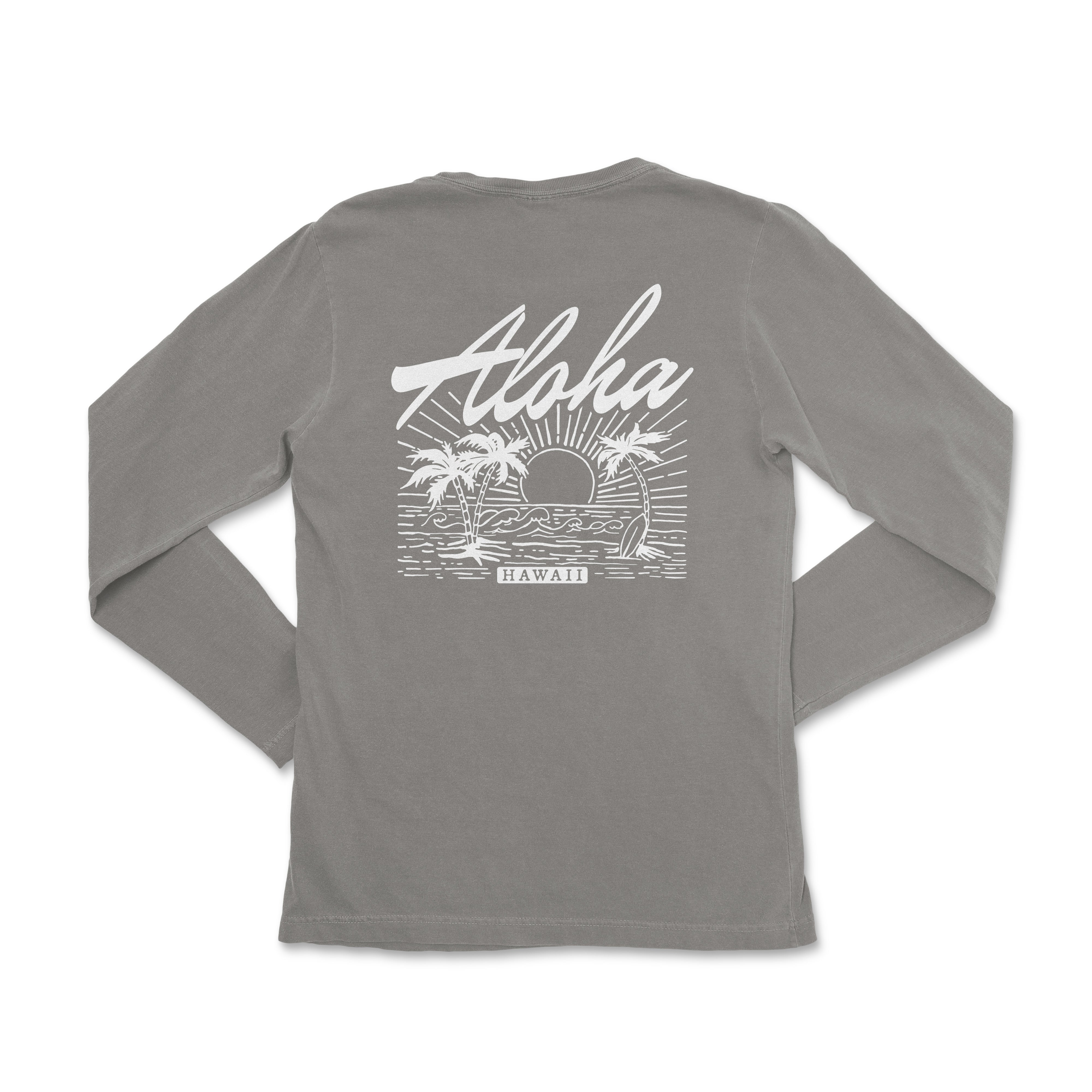 a gray long sleeve shirt with the words aloh on it