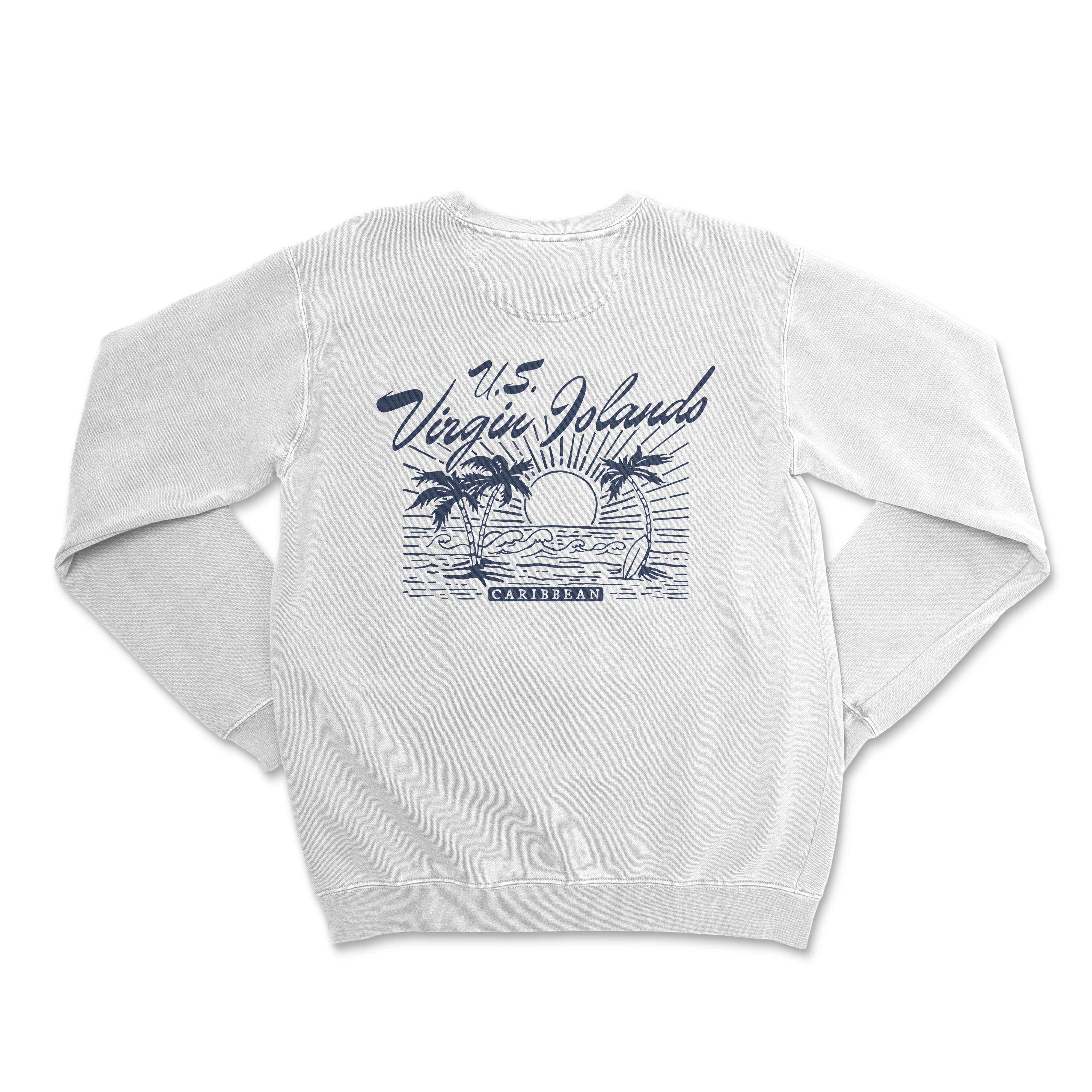 a white sweatshirt with a picture of the ocean and palm trees