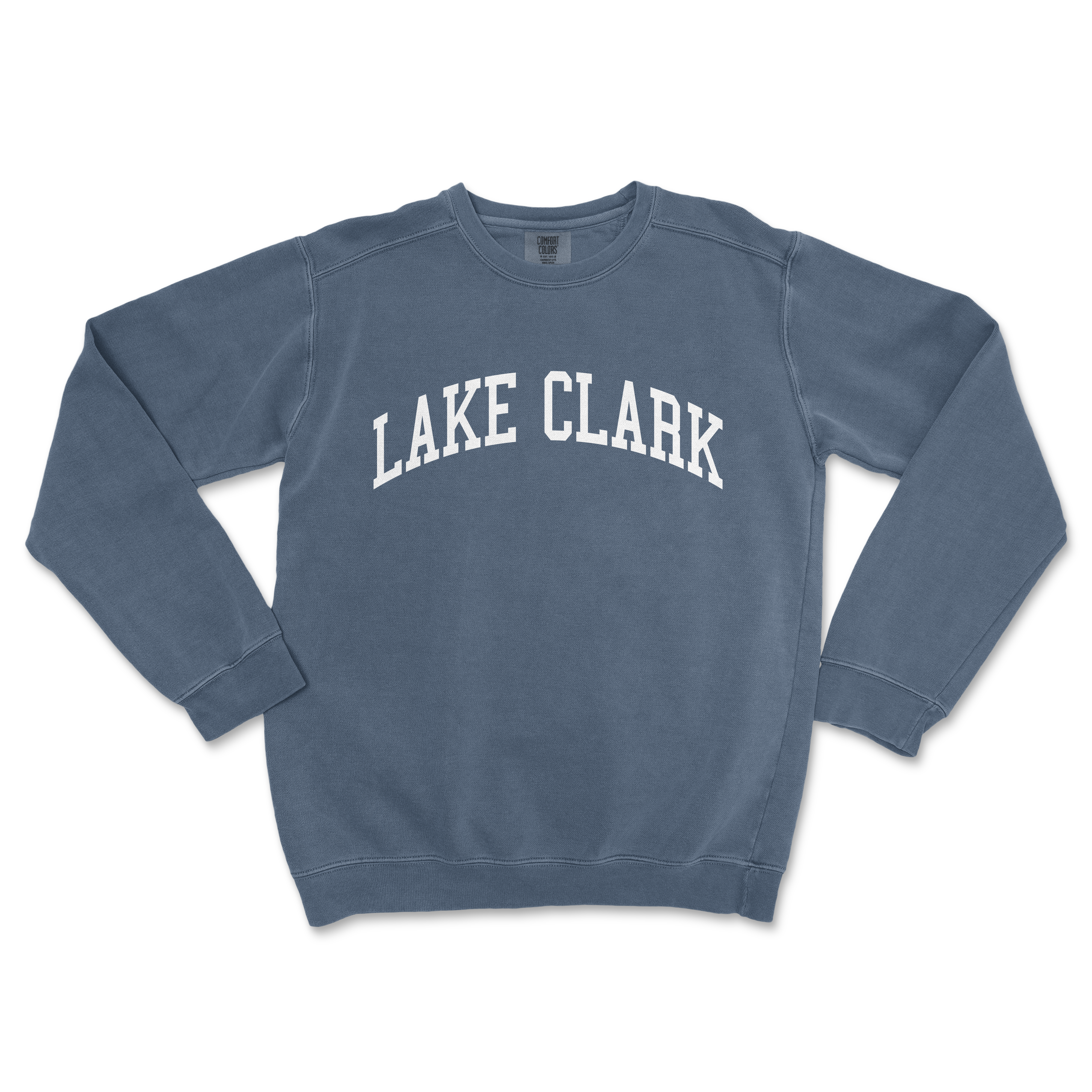 a blue sweatshirt with the word lake clark on it