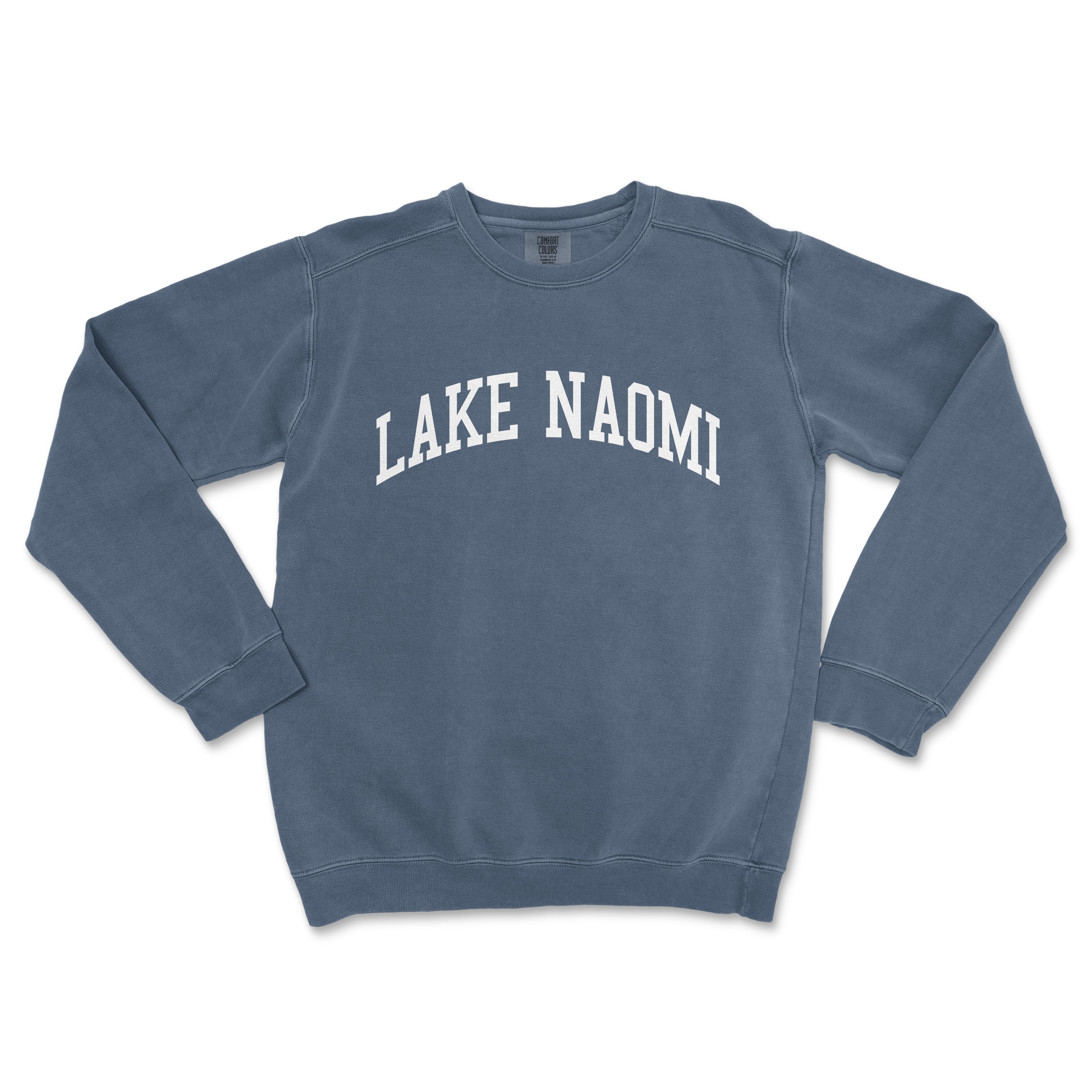 a blue sweatshirt with the words lake namomi on it