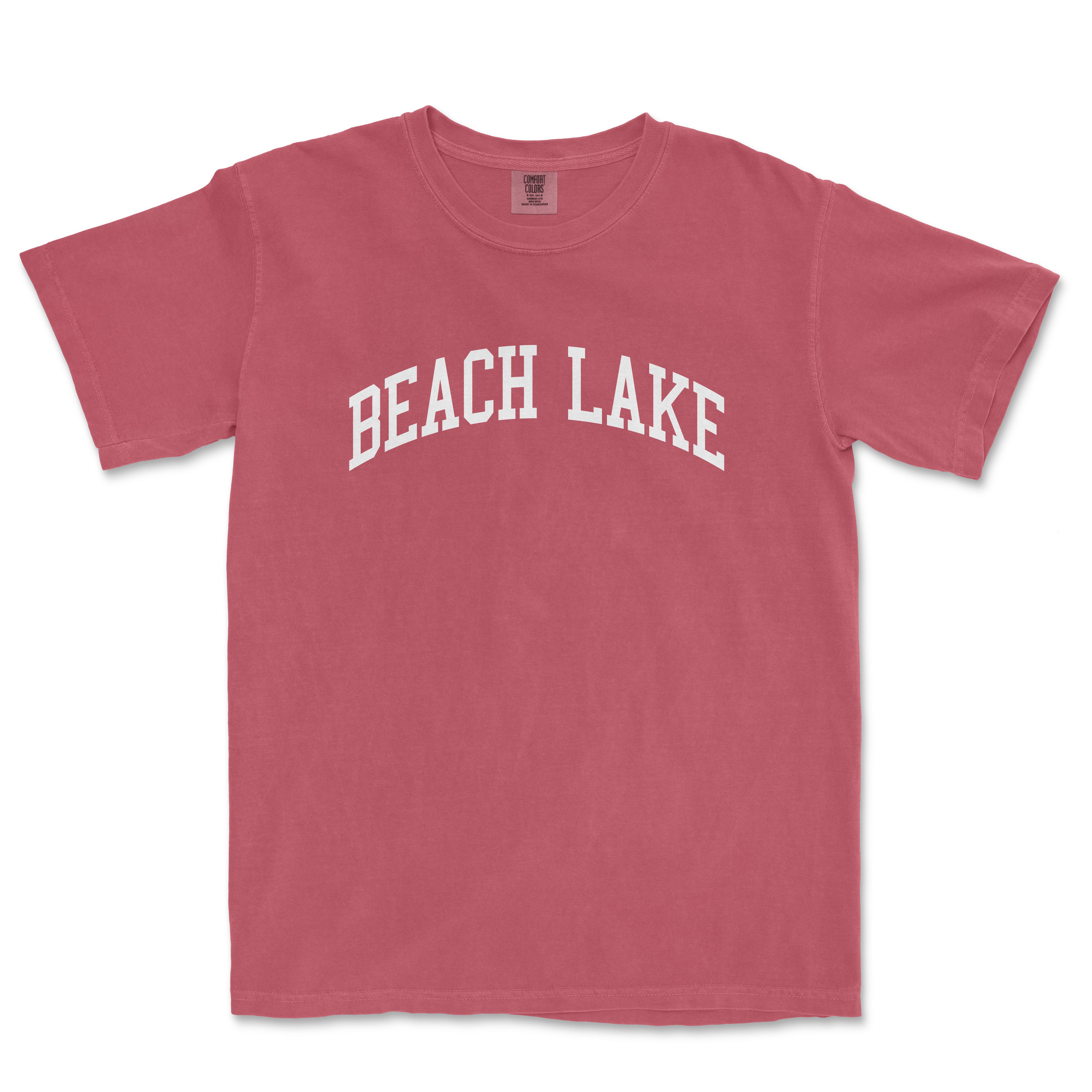 a red t - shirt with the word beach lake on it