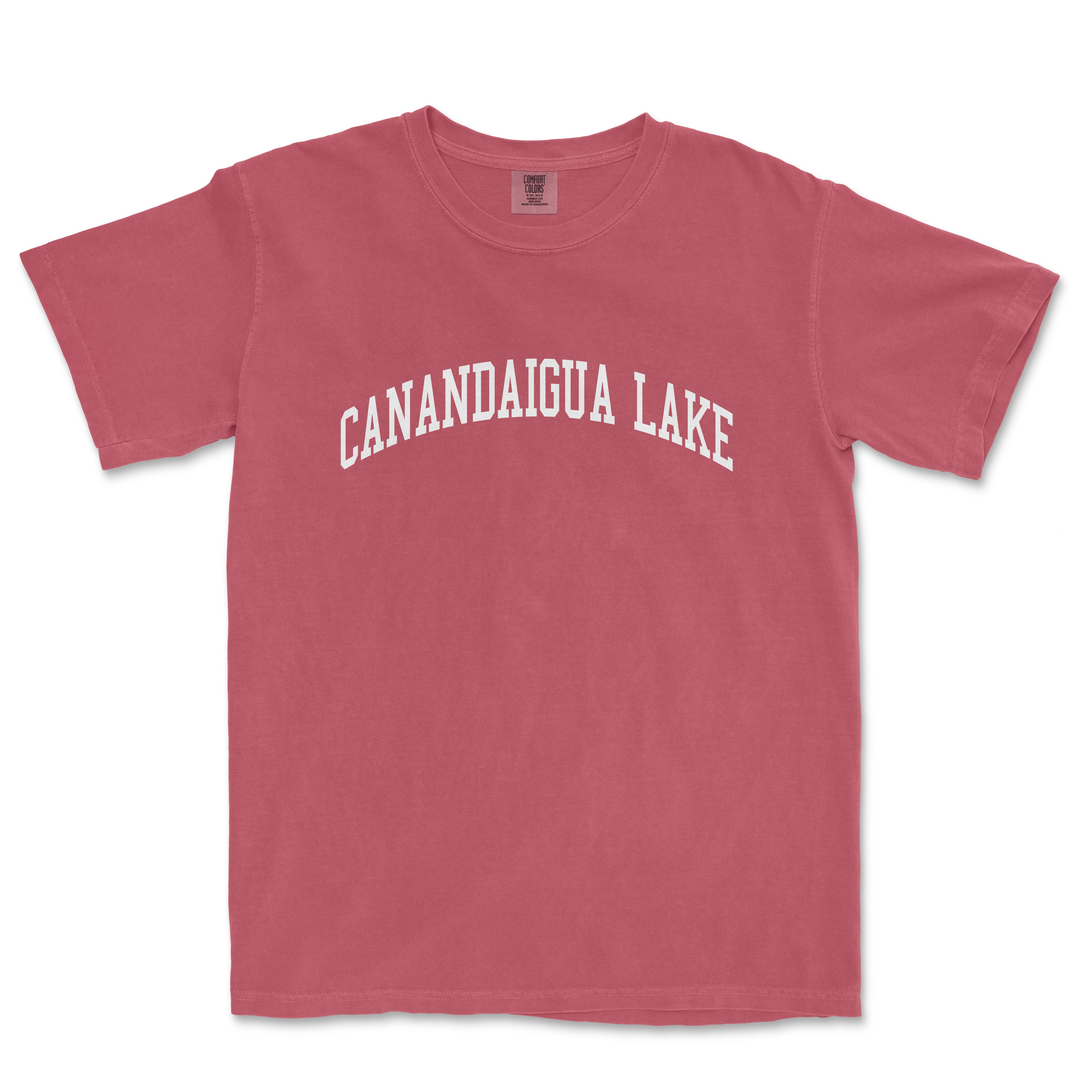 a red t - shirt with the words, canandaagua lake in white