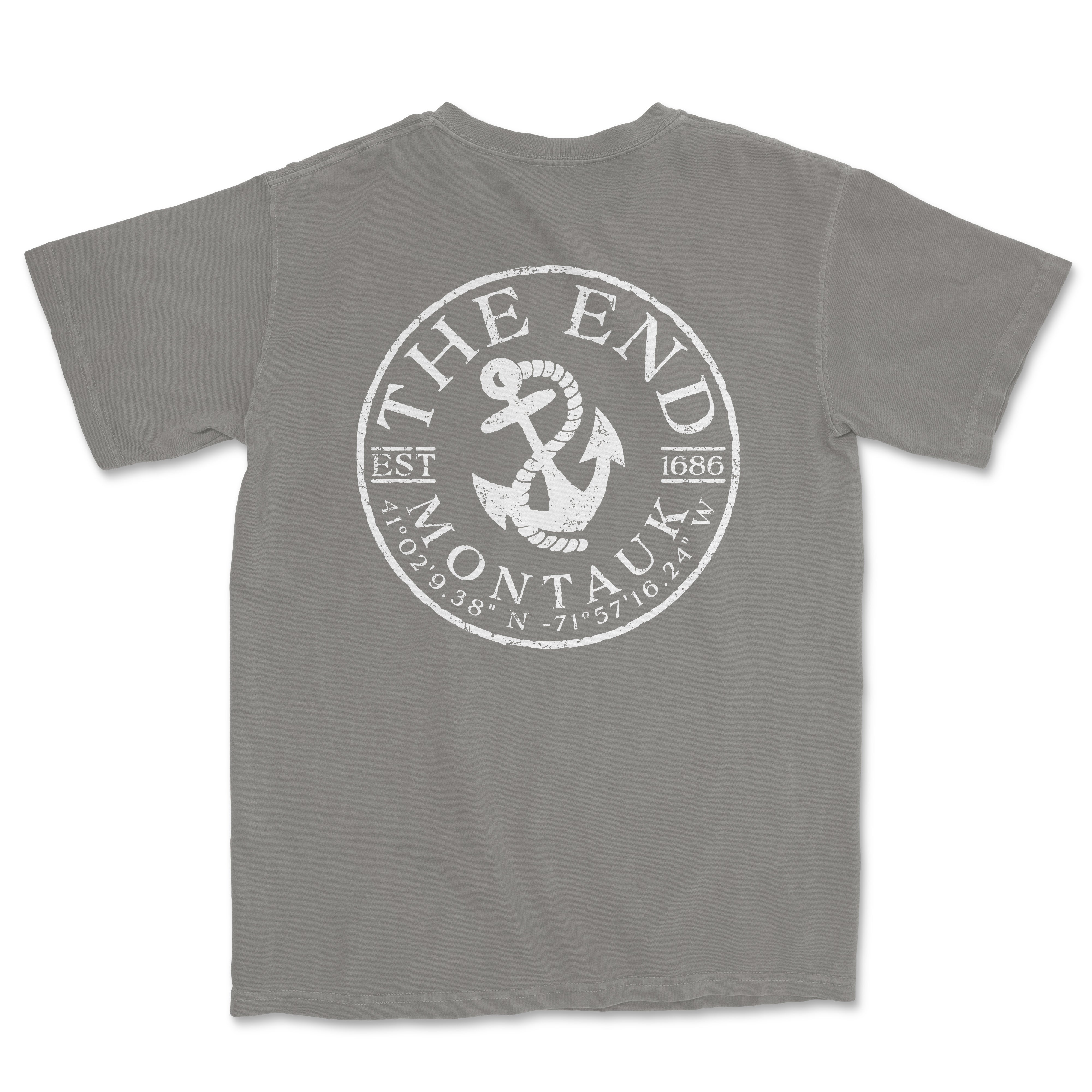 a gray t - shirt with an anchor and the words the end on it