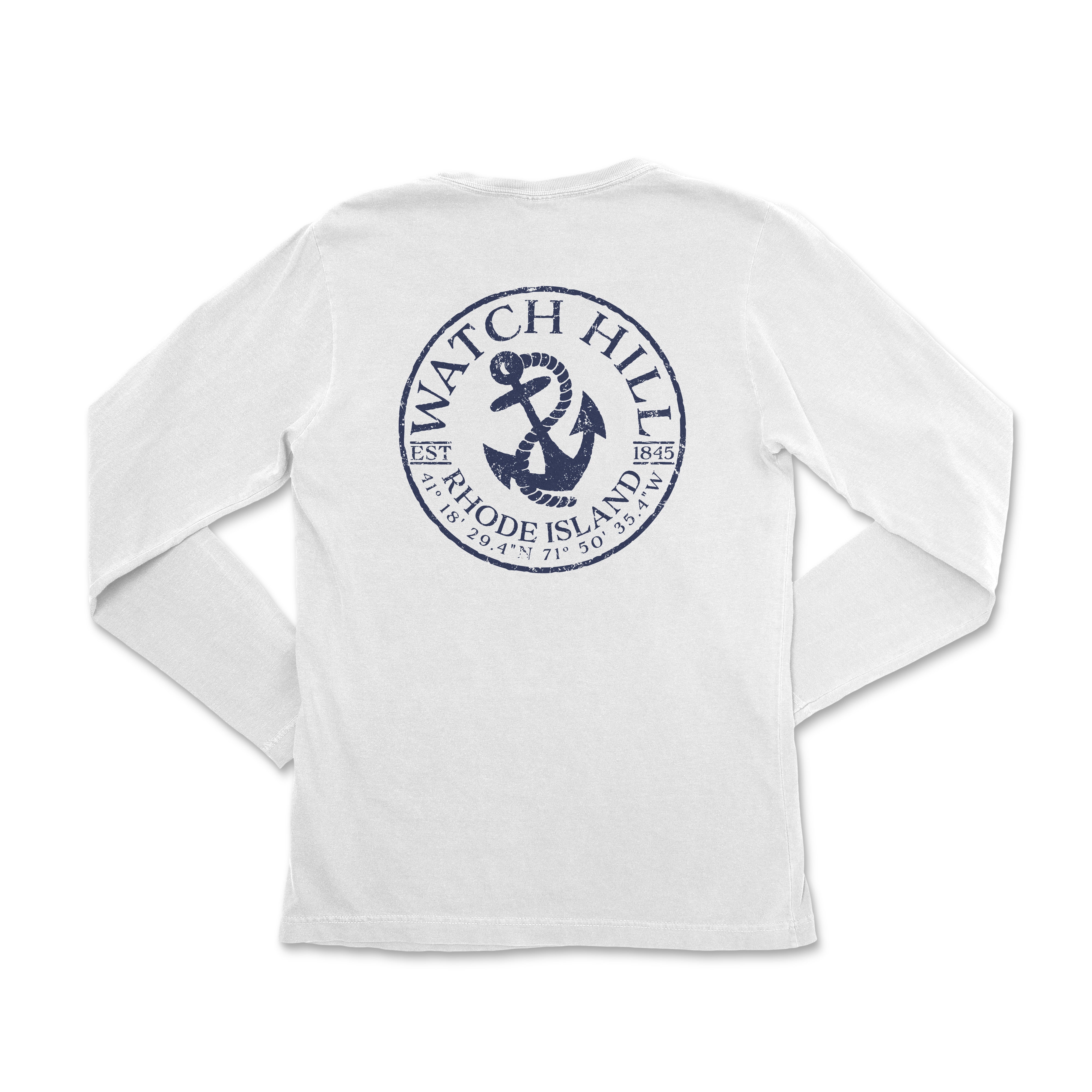 a white long - sleeved shirt with a blue anchor and the words, catch