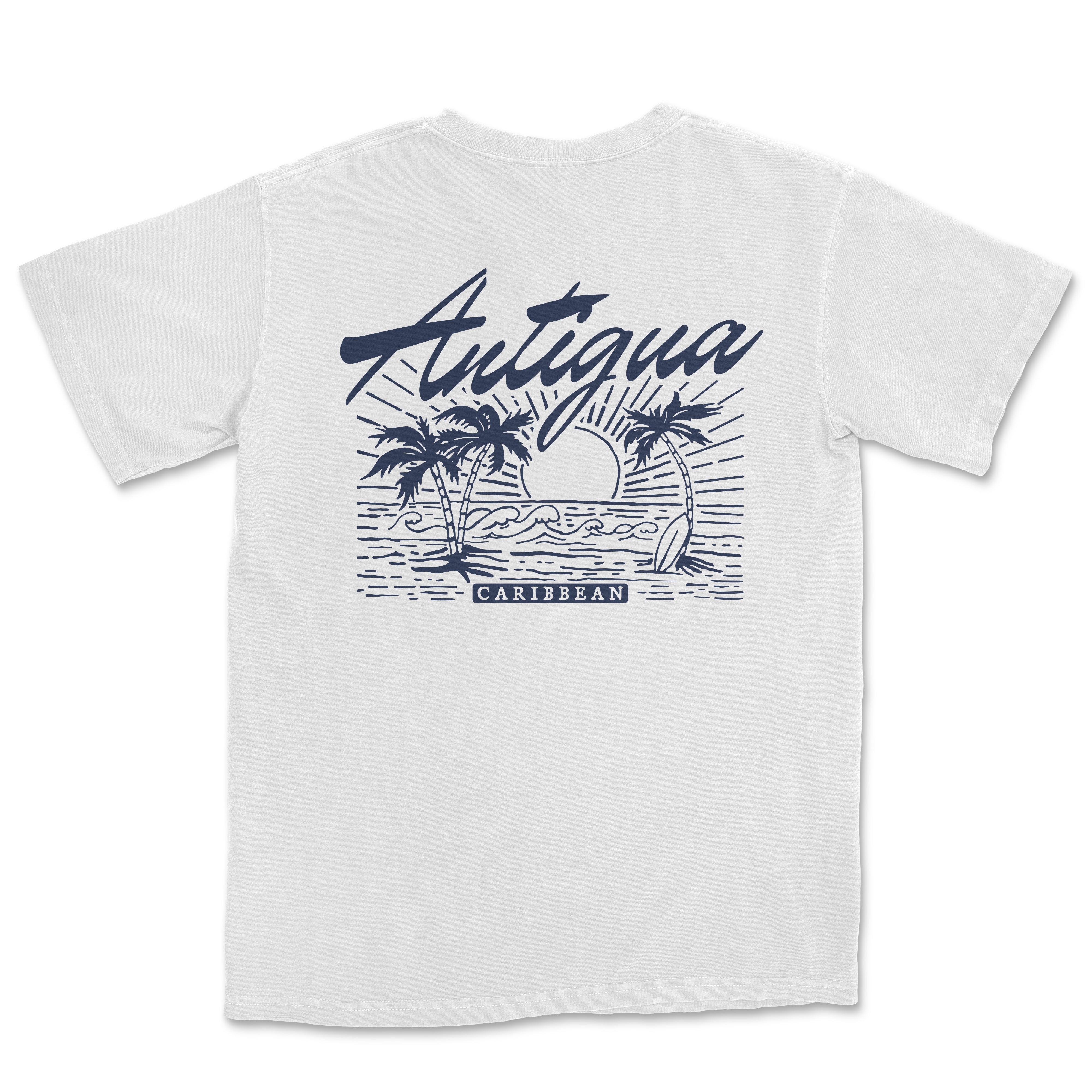 a white t - shirt with a blue graphic of a boat and palm trees