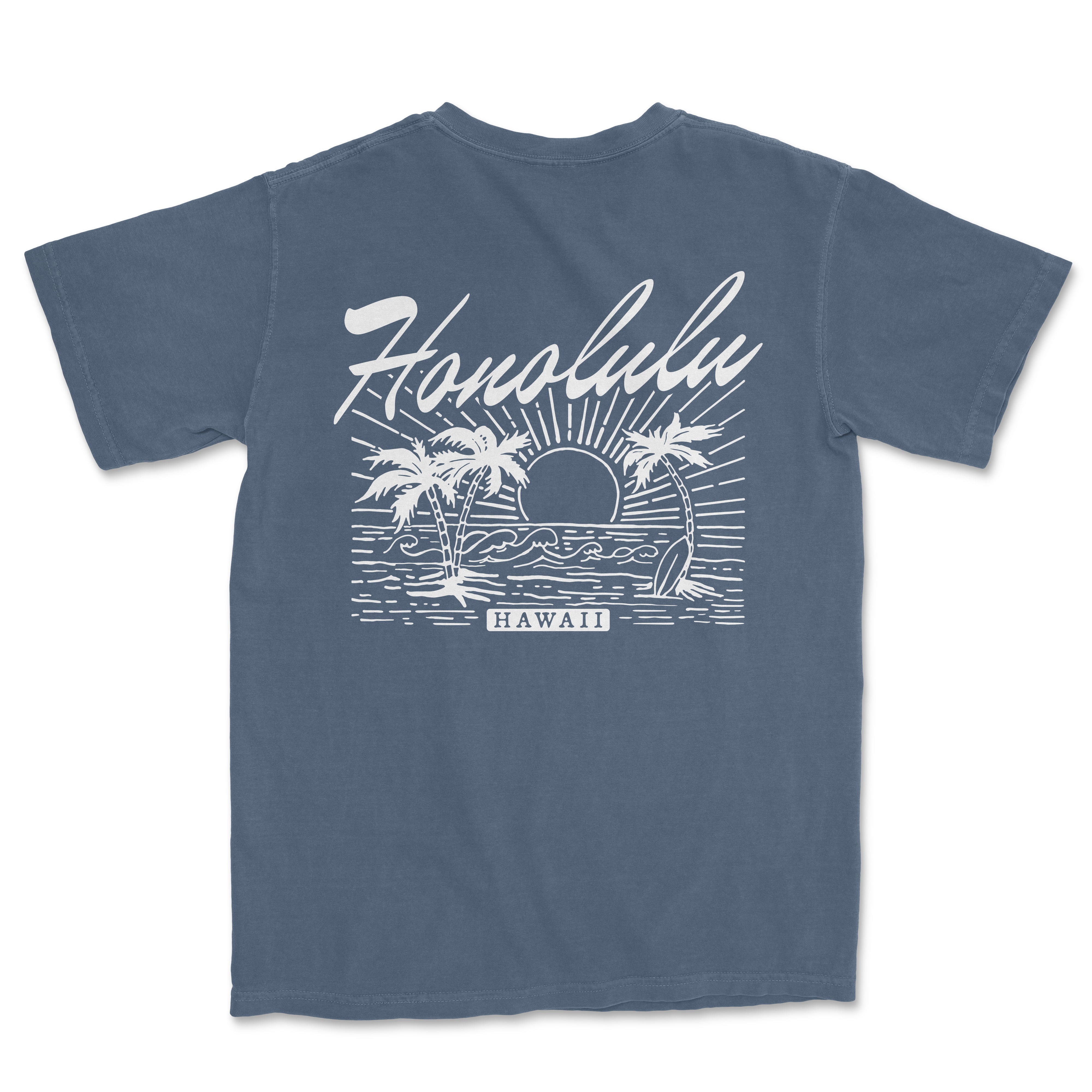 a blue t - shirt with the words honolulu on it