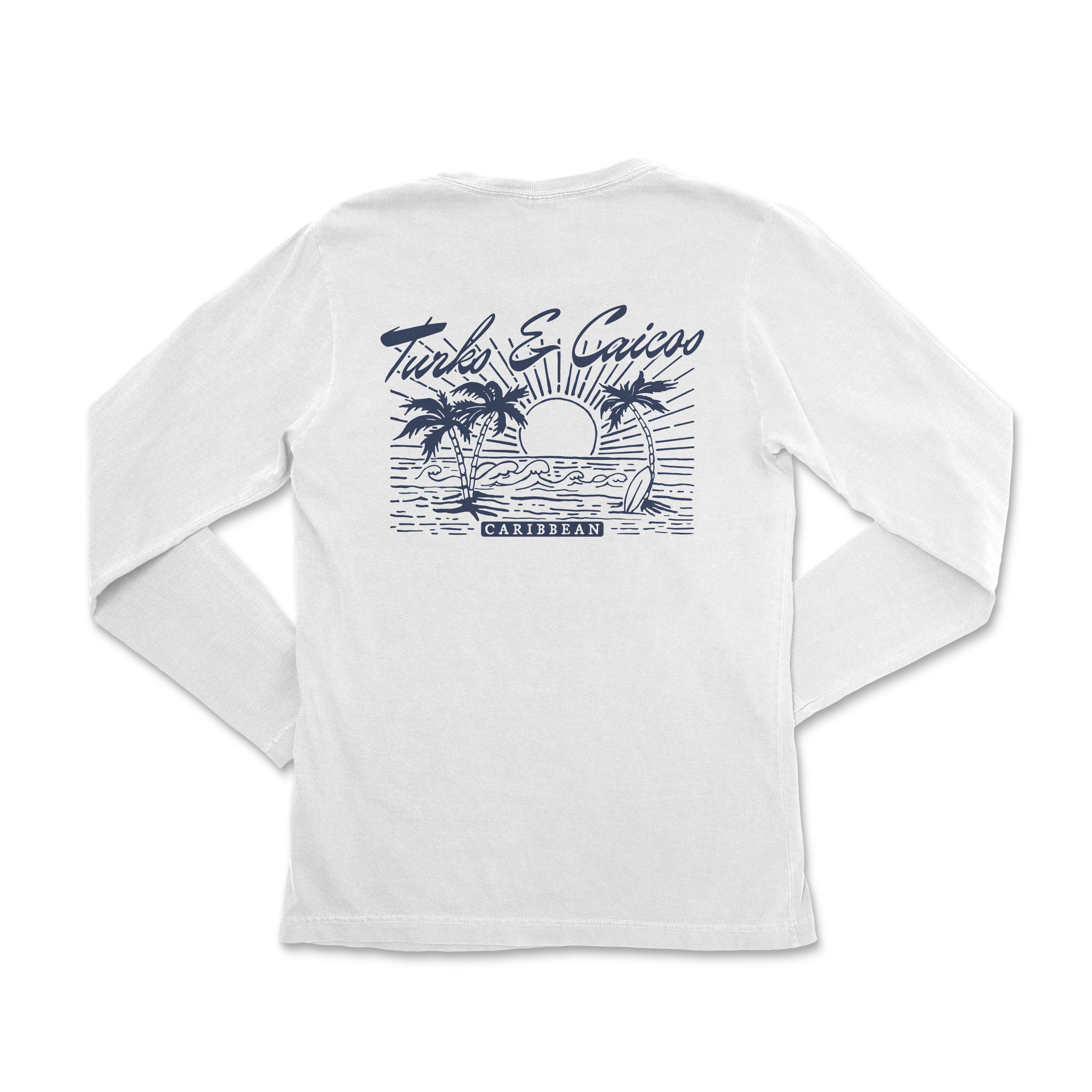 the back of a white long - sleeved shirt with palm trees and the words