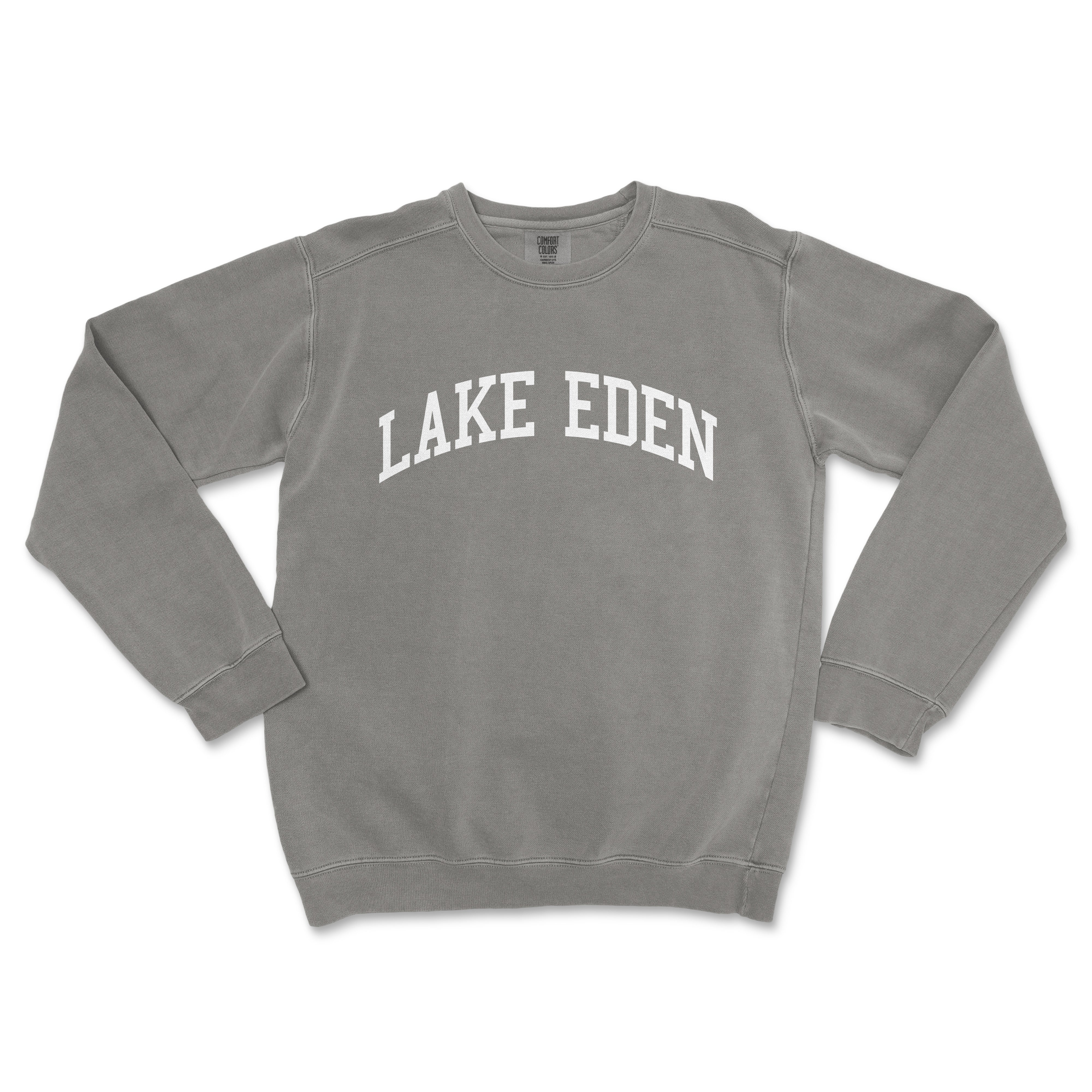 a grey sweatshirt with the word lake eden printed on it