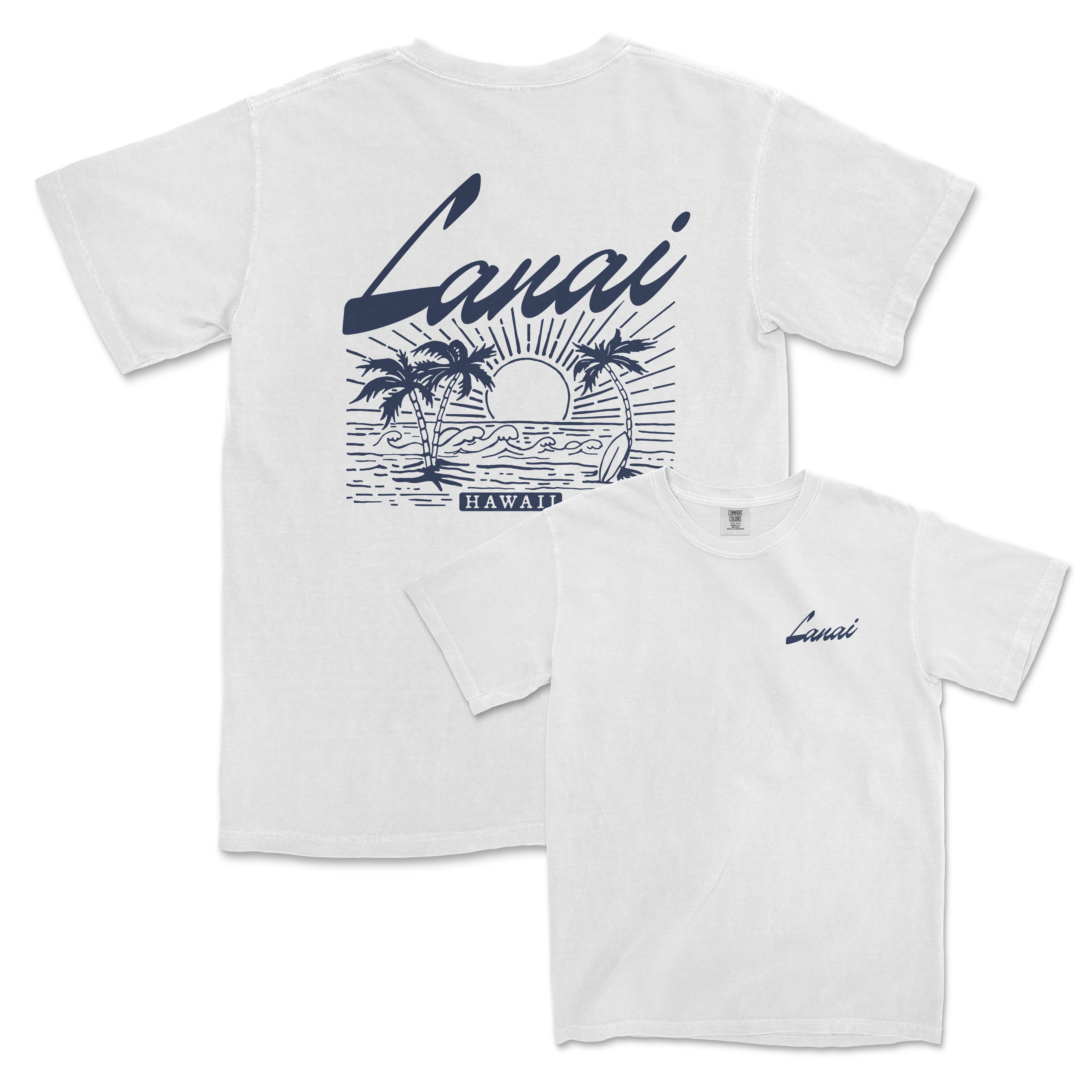 a white t - shirt with a picture of a sunset and palm trees