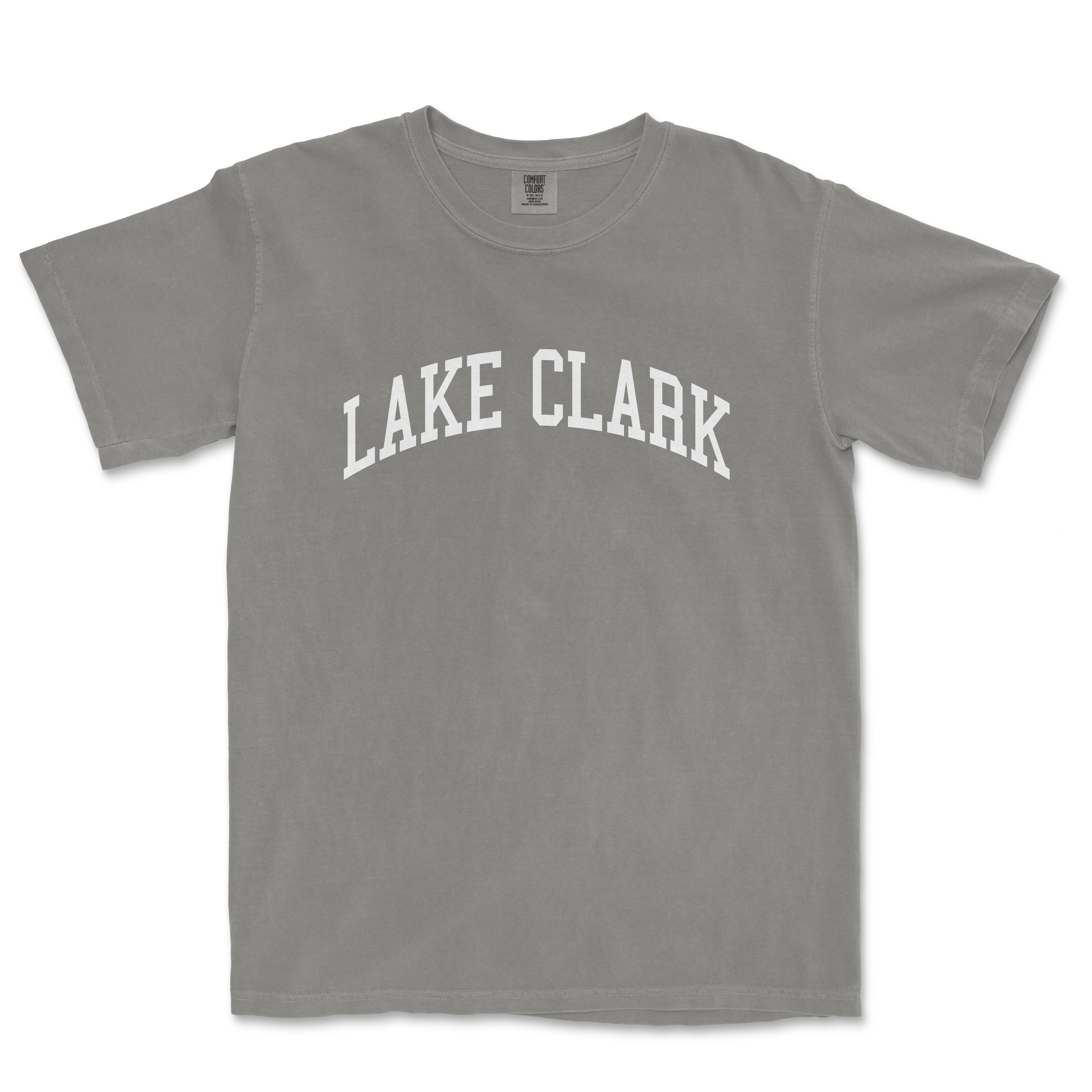 a gray lake clark t - shirt with the word lake clark on it