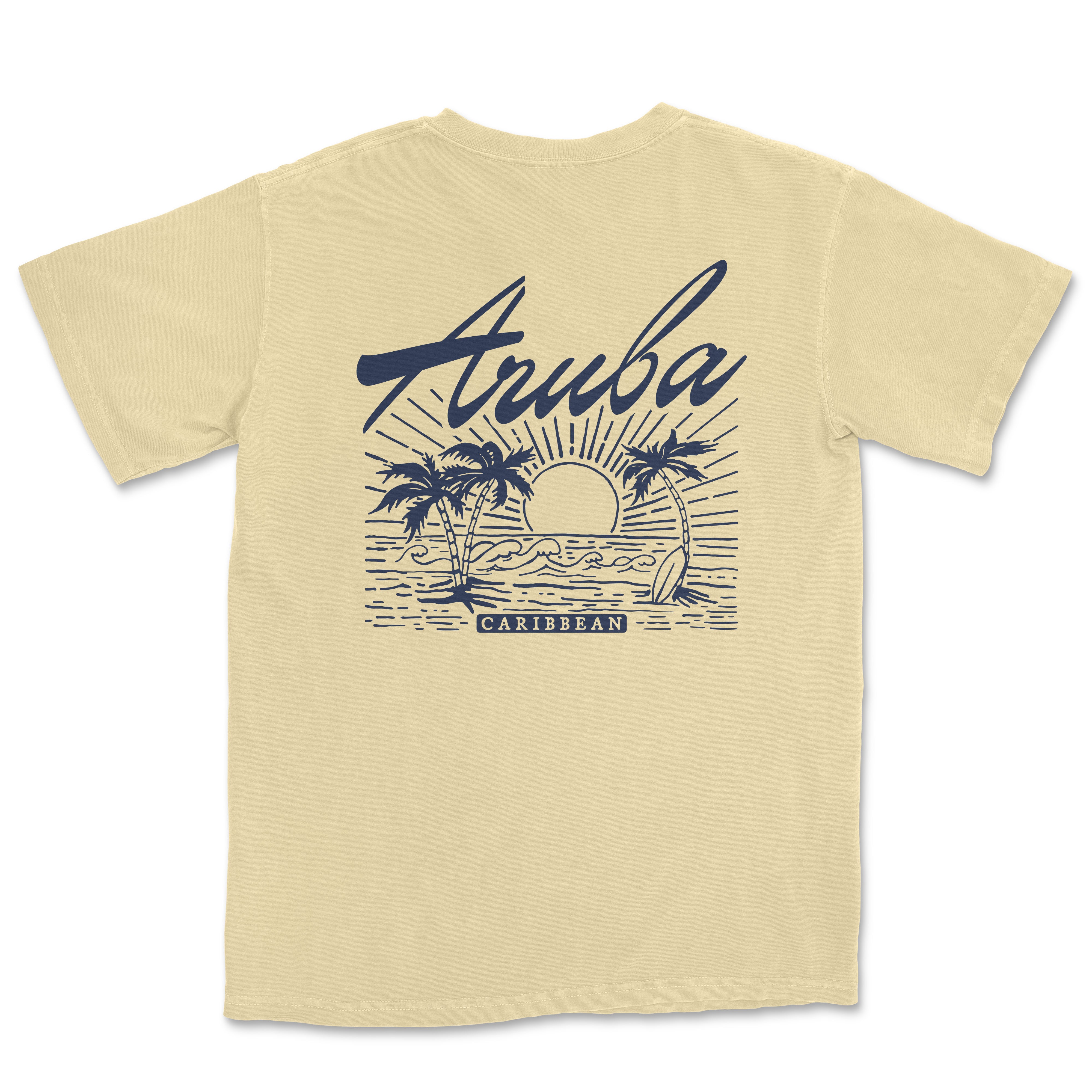 a t - shirt with a picture of a sunset and palm trees