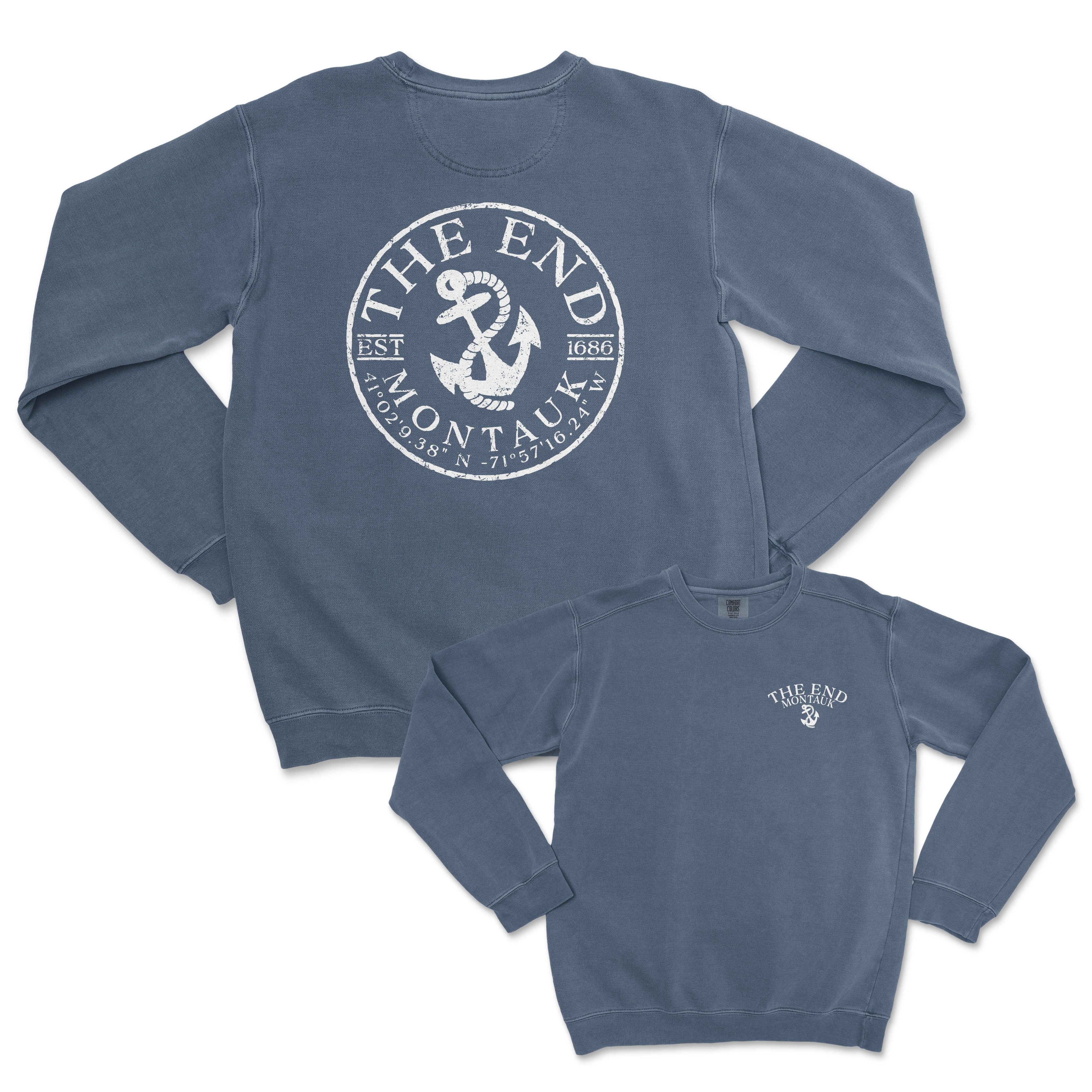 a blue sweatshirt with an anchor on the front and a white logo on the back