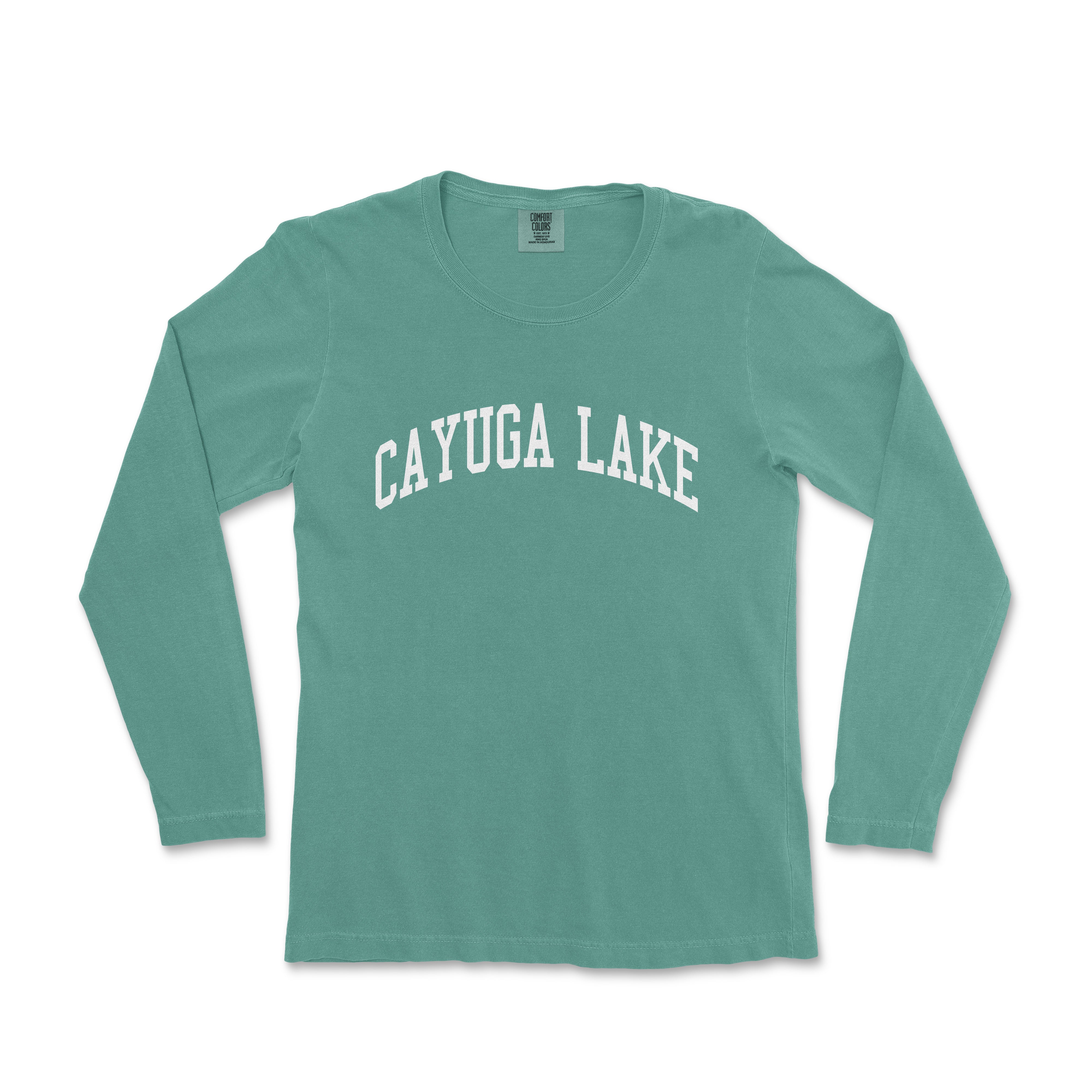 a women's long sleeve shirt with the words caygua lake in white