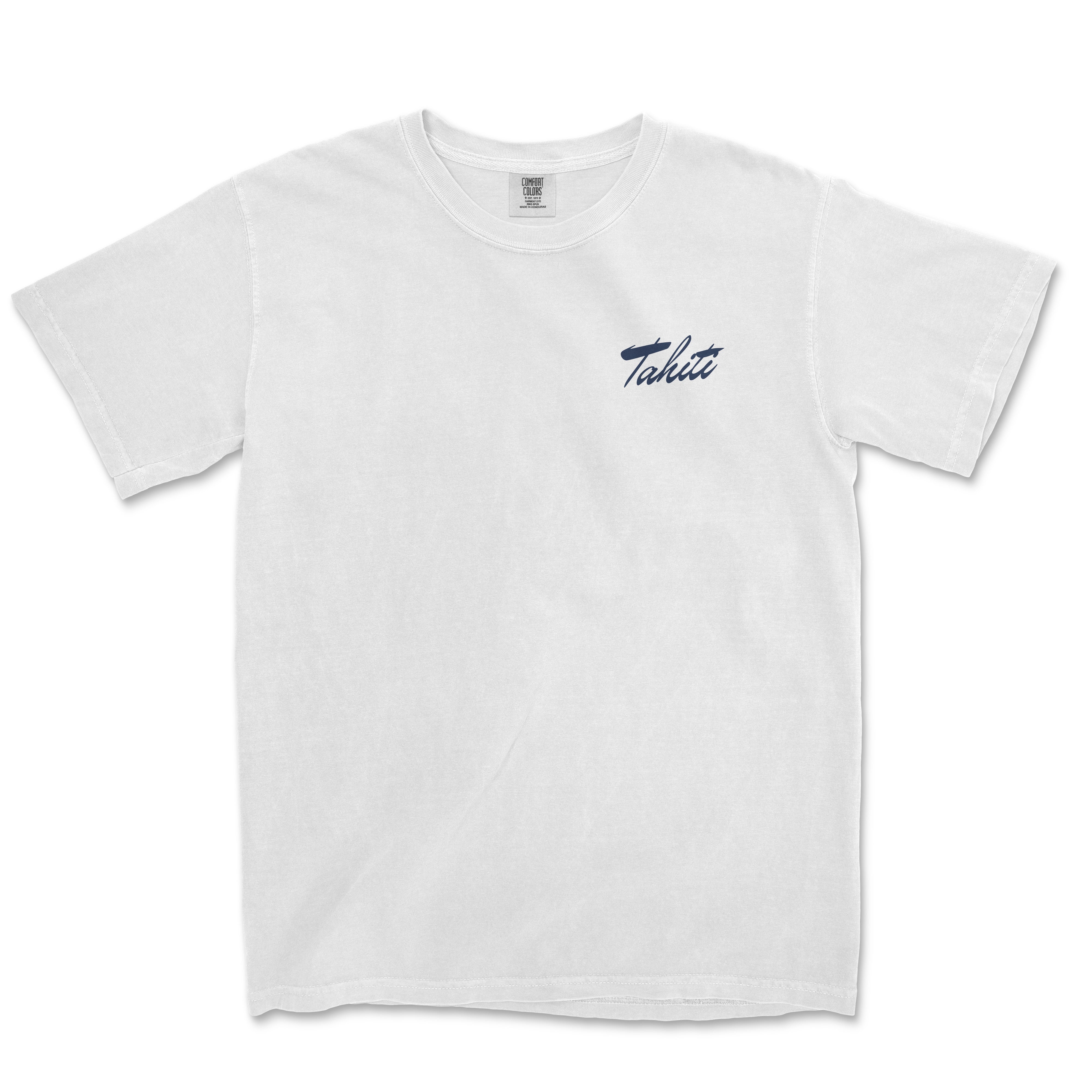 a white t - shirt with a blue logo on the chest