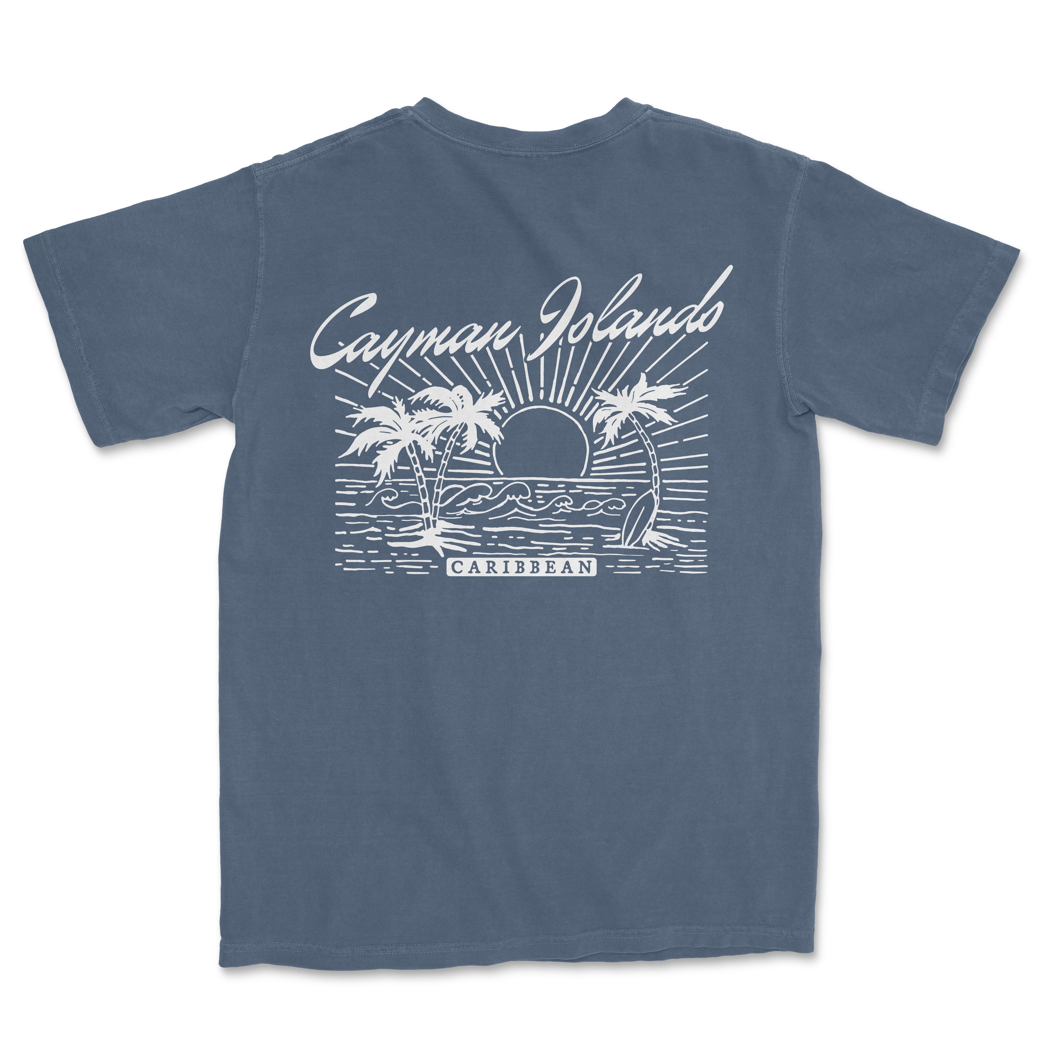 a blue t - shirt with a picture of the ocean and palm trees