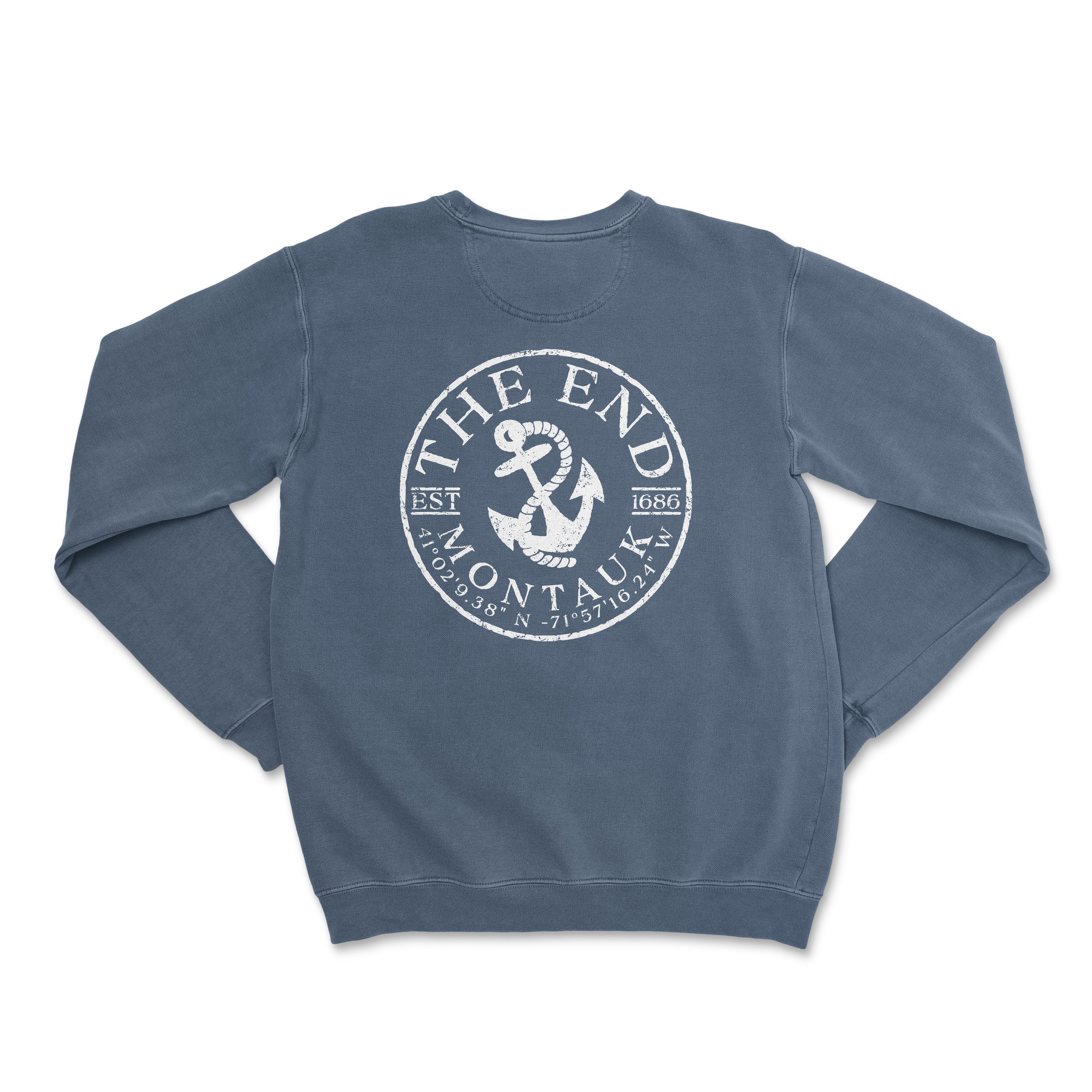 a blue sweatshirt with an anchor and the words the end on it