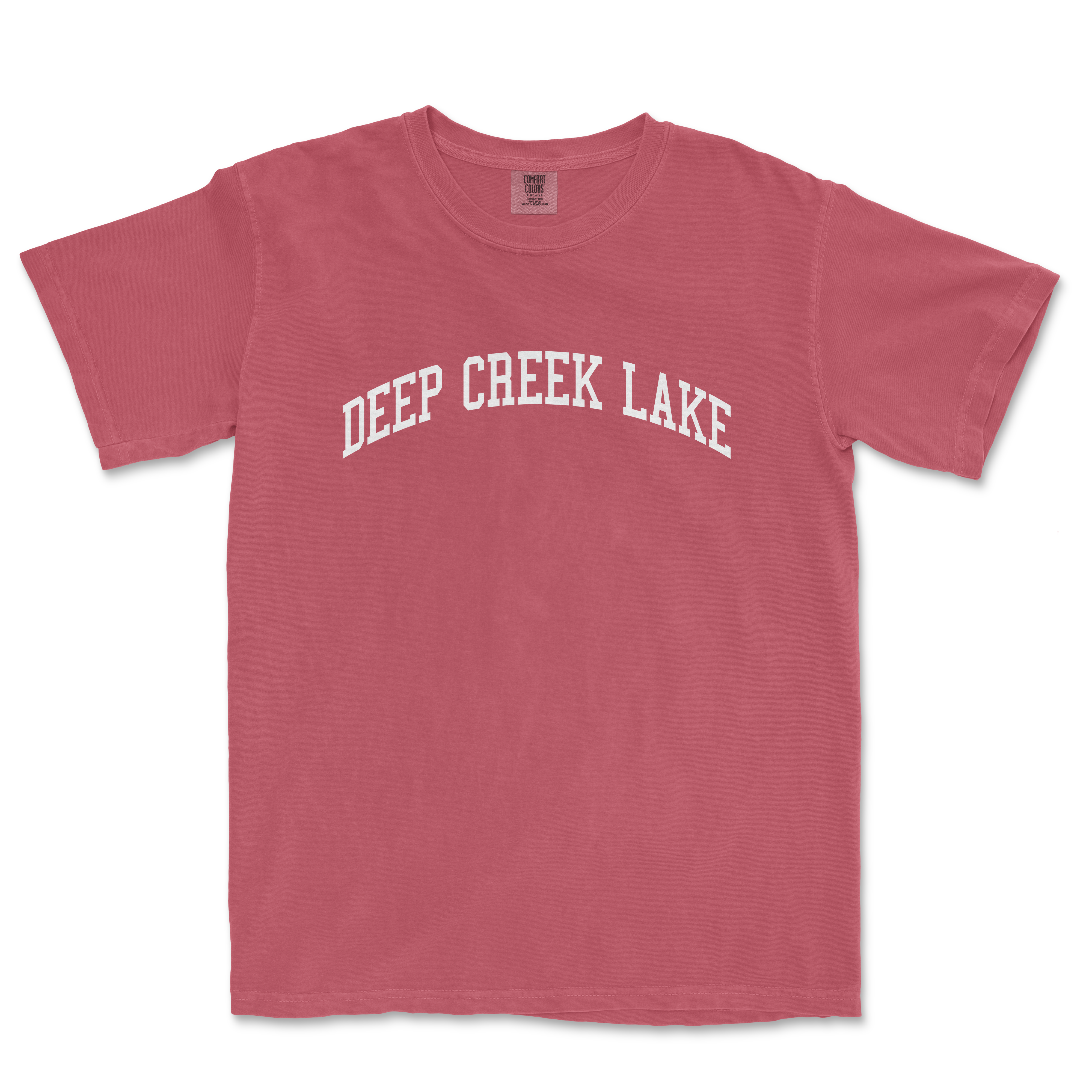 a red deep creek lake t - shirt with the words deep creek lake in white