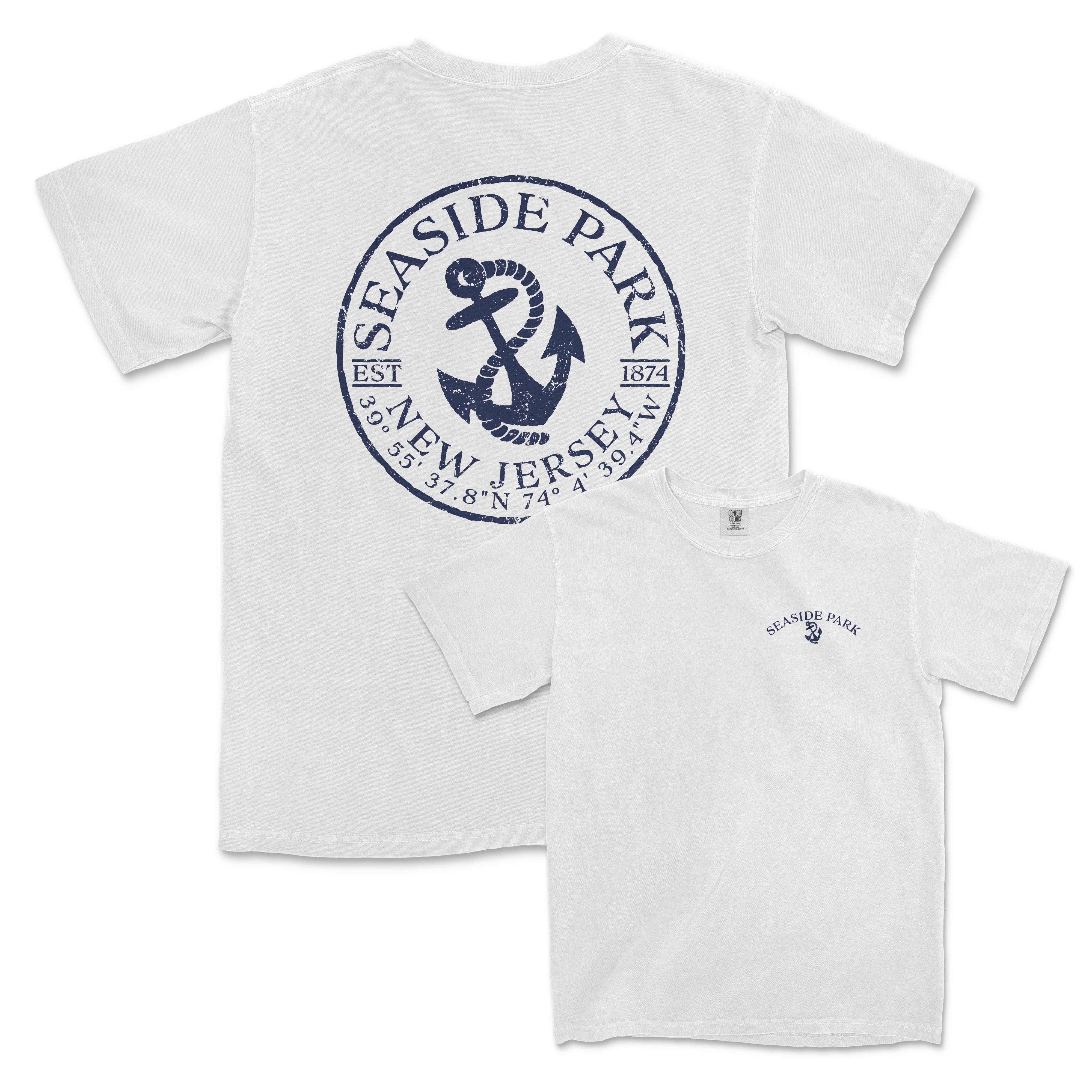 a white t - shirt with an anchor and the words seaside park on it